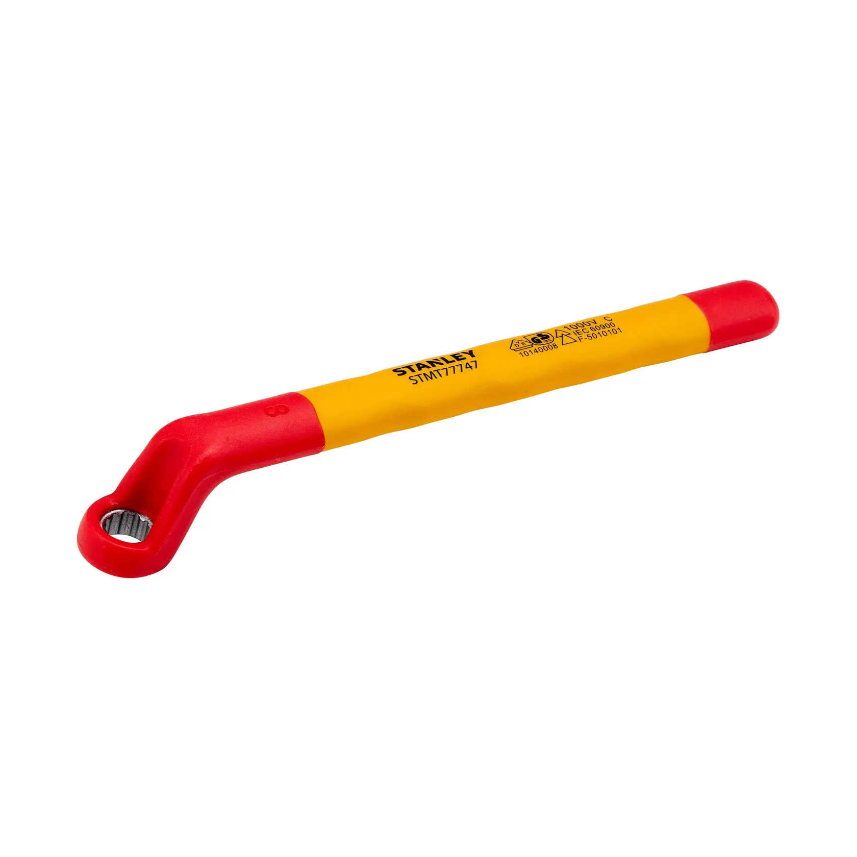 Llave de vaso STANLEY STMT77747-LA con mango en L aislado, roja y amarilla, vista lateral, sobre fondo blanco.