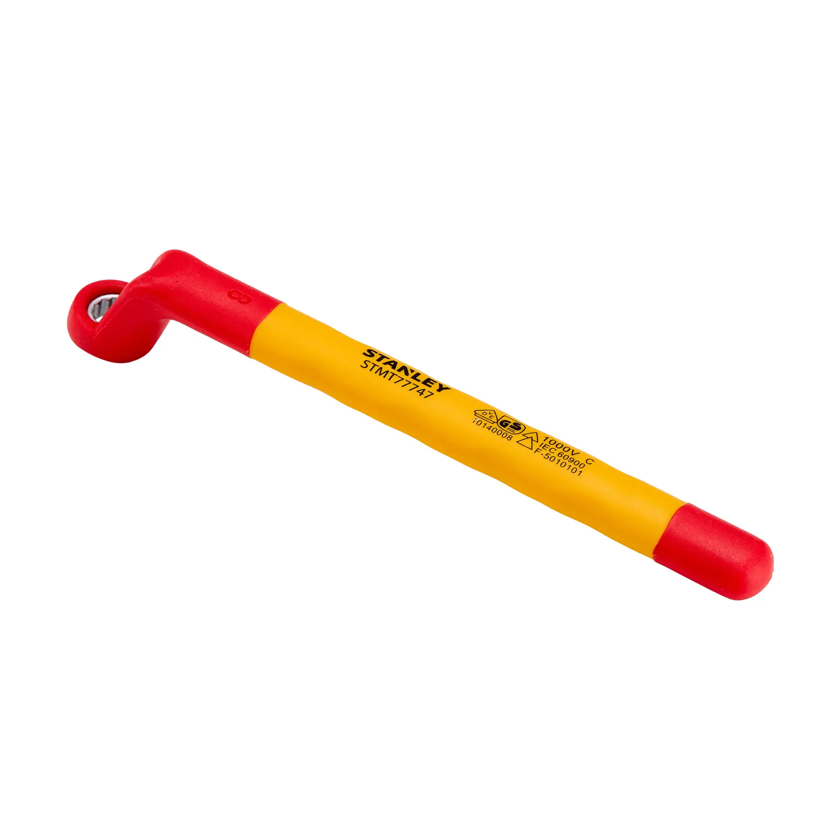 Llave de vaso aislada STANLEY STMT77747-LA amarilla y roja en forma de L, vista lateral sobre fondo blanco.