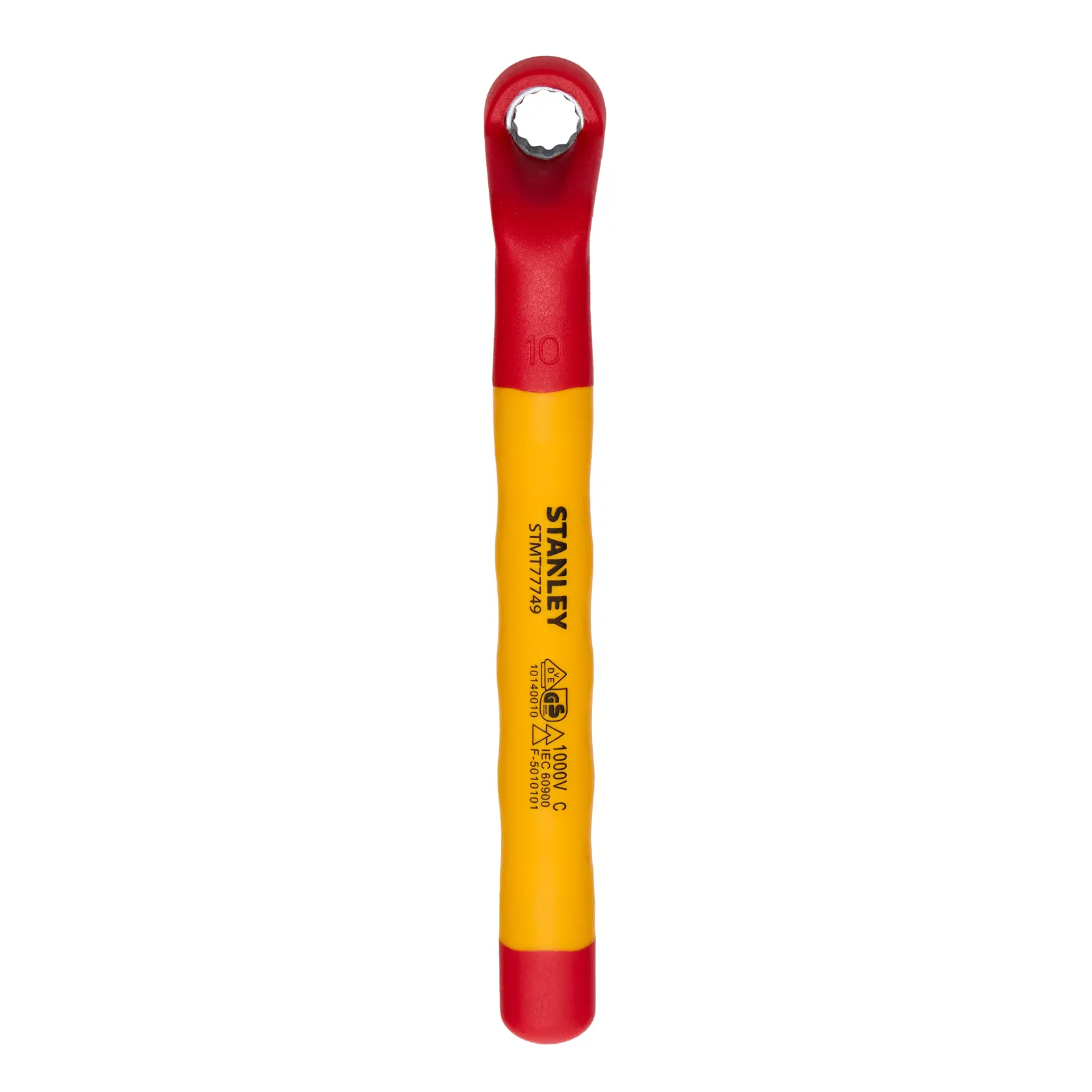 Llave de estrella aislada STANLEY STMT77749-LA, roja y amarilla, vista superior sobre fondo blanco.
