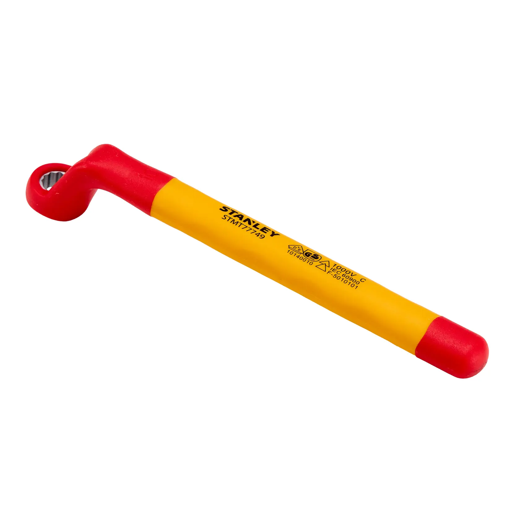 Llave aislada en L amarilla y roja STANLEY STMT77749-LA, foto del producto en ángulo sobre fondo blanco.
