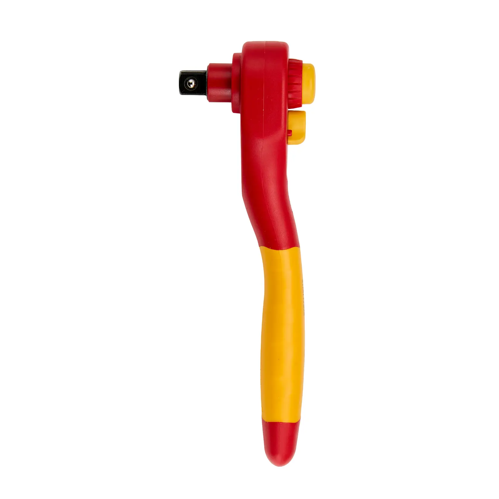 Carraca aislada STANLEY STMT77828-LA con mango rojo y amarillo, vista lateral sobre fondo blanco.
