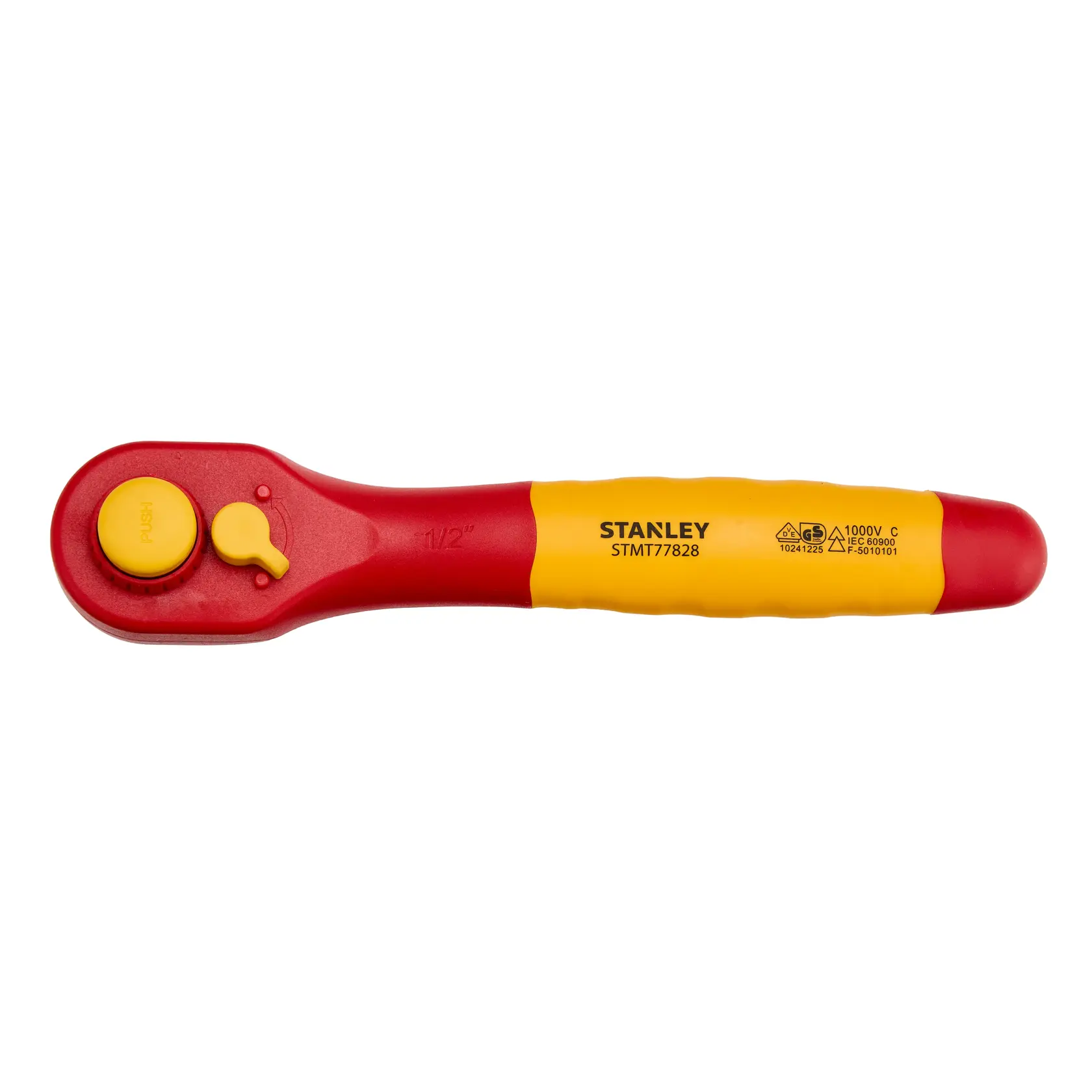 STANLEY STMT77828 trinquete aislado en rojo y amarillo, vista superior sobre fondo blanco, mango ergonómico.