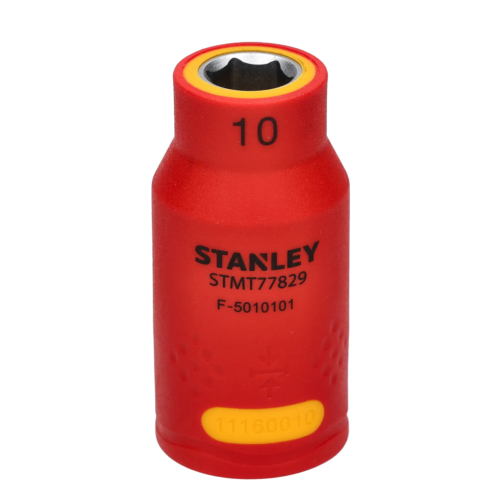 STANLEY STMT77829 dado aislado, rojo con detalles amarillos, ángulo frontal sobre fondo blanco.