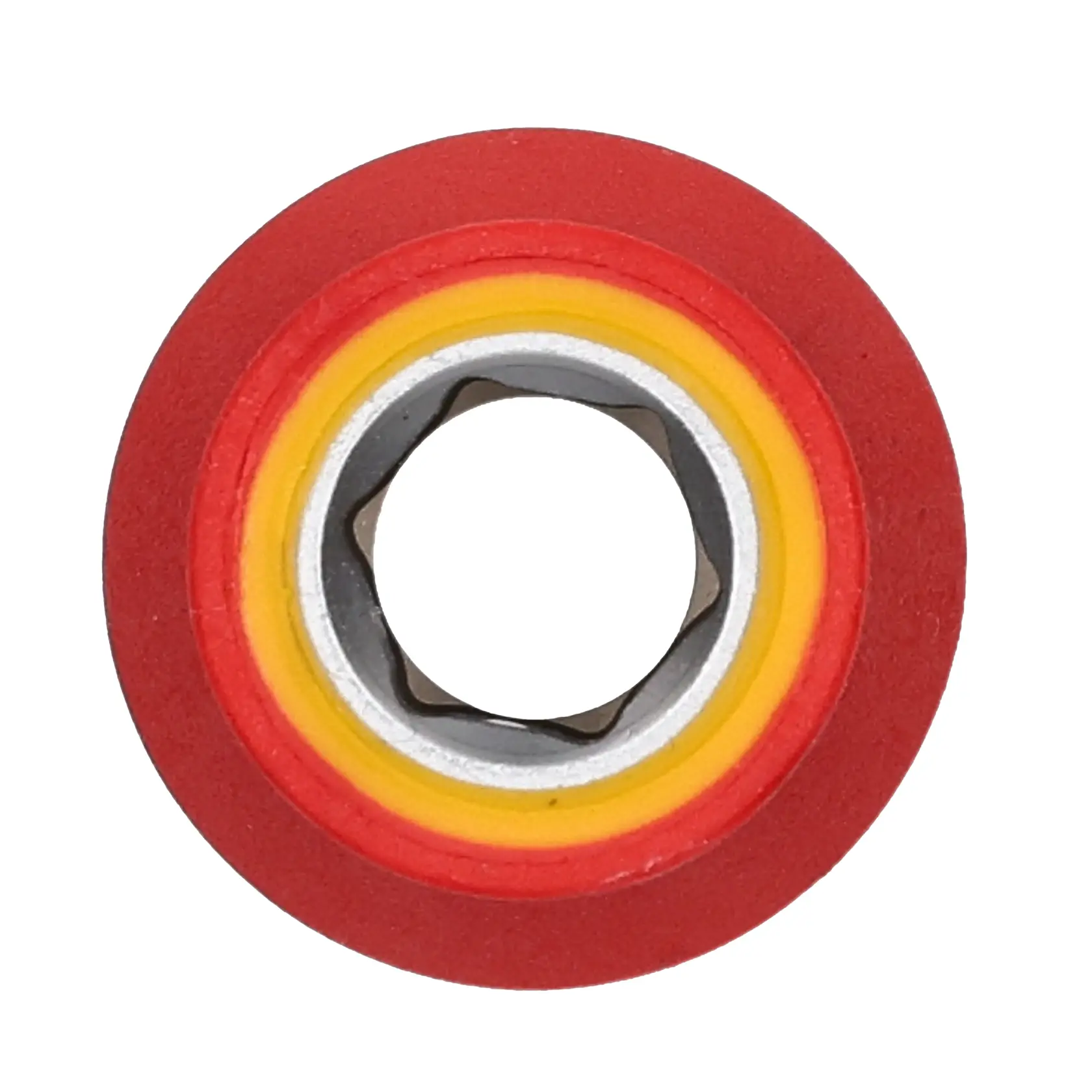 STANLEY STMT77829-LA dado con anillo rojo y amarillo, vista superior sobre fondo blanco.