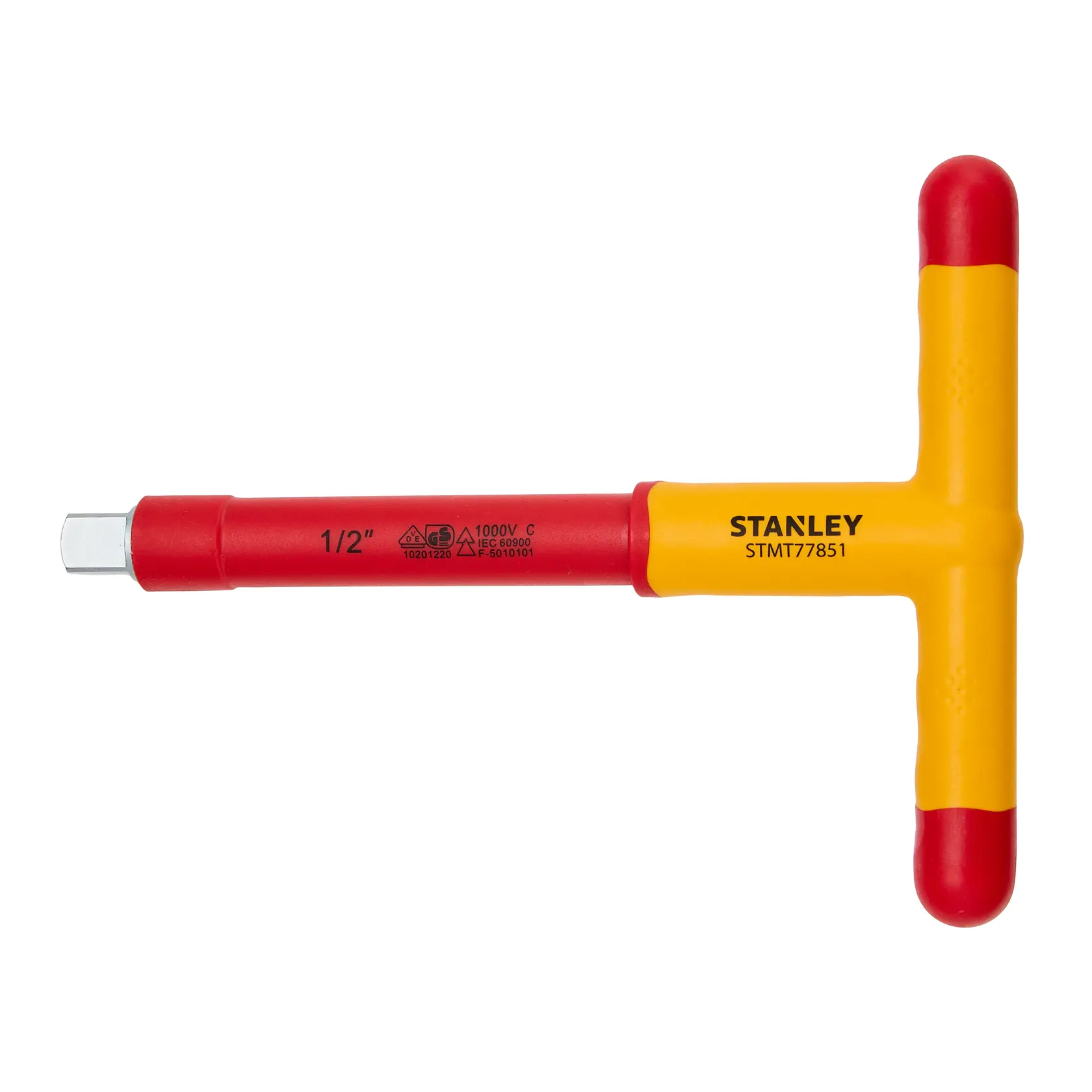 Llave de vaso tipo T aislada STANLEY STMT77851-LA, roja y amarilla, 1/2 pulgada, vista frontal sobre fondo blanco.