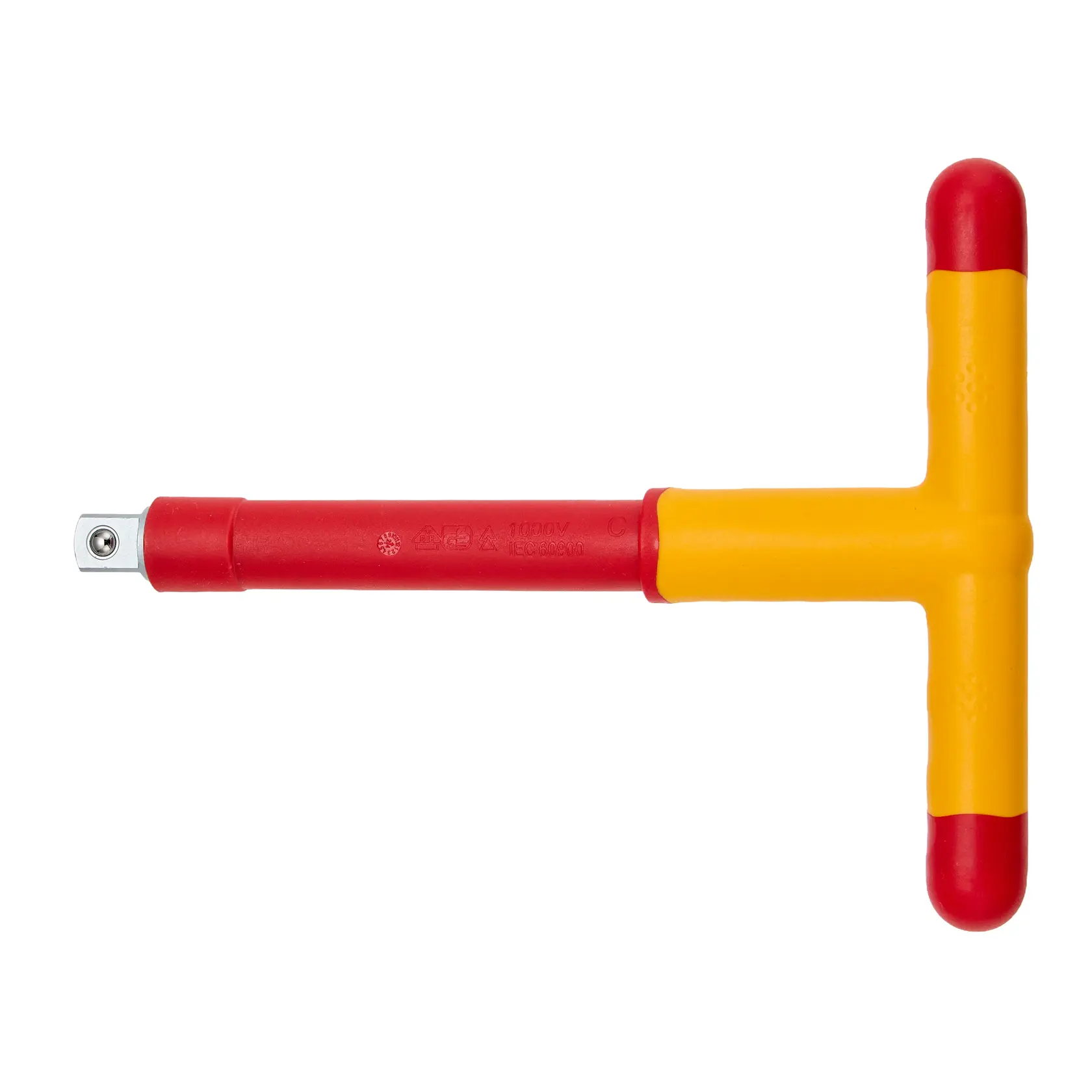 Llave de vaso aislada tipo T STANLEY STMT77851-LA, roja y amarilla, vista superior, fondo blanco.