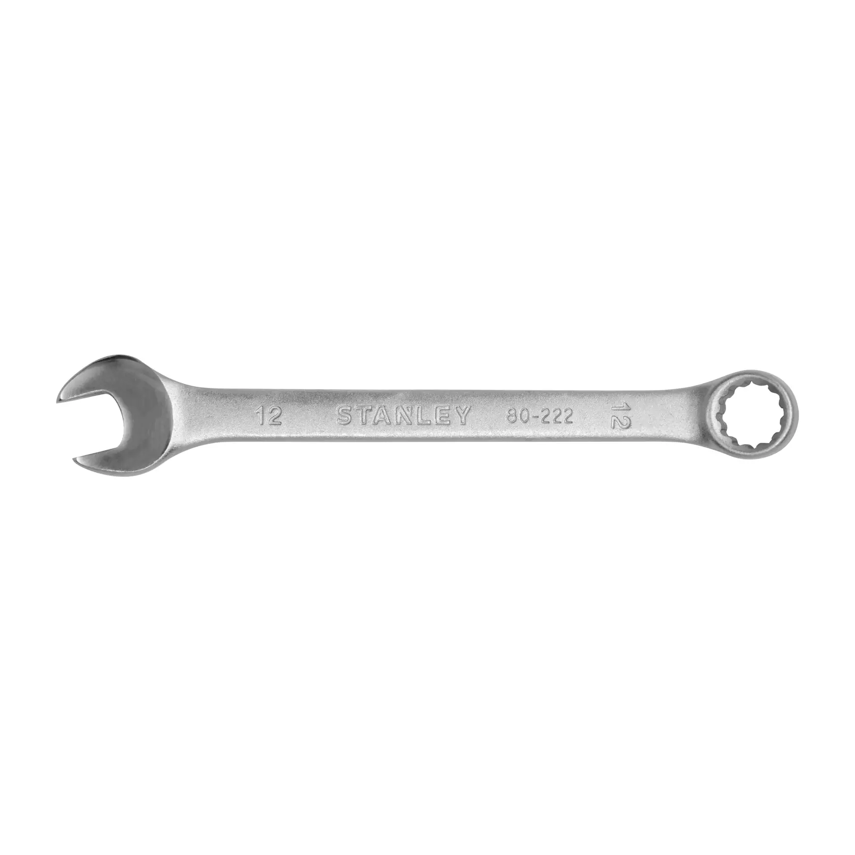 Llave combinada Stanley STMT80222-840 metálica plateada, vista frontal, herramienta, fondo blanco.
