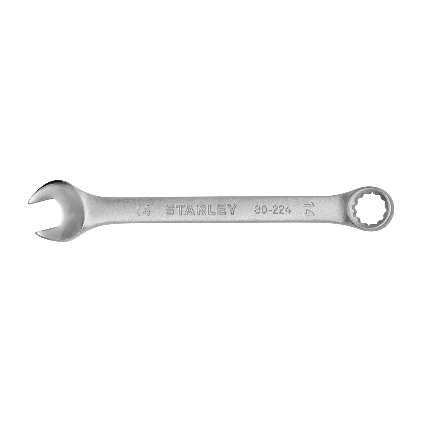 STANLEY STMT80224-840 llave combinada plateada, ángulo frontal, fotografía sobre fondo blanco.