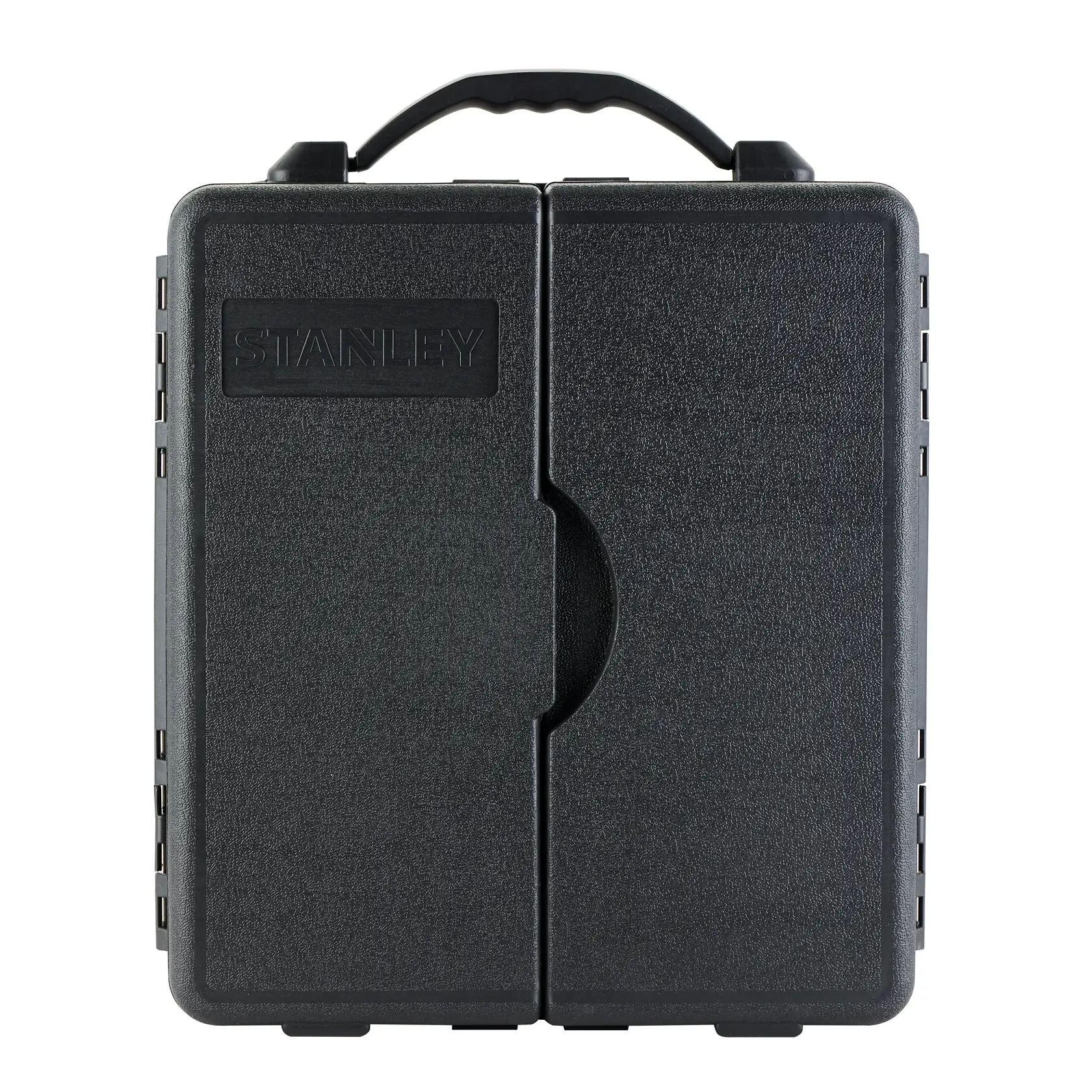 Estuche de herramientas de plástico duro STANLEY STMT81243-LA con asa, cerrado, ángulo frontal, acabado negro.