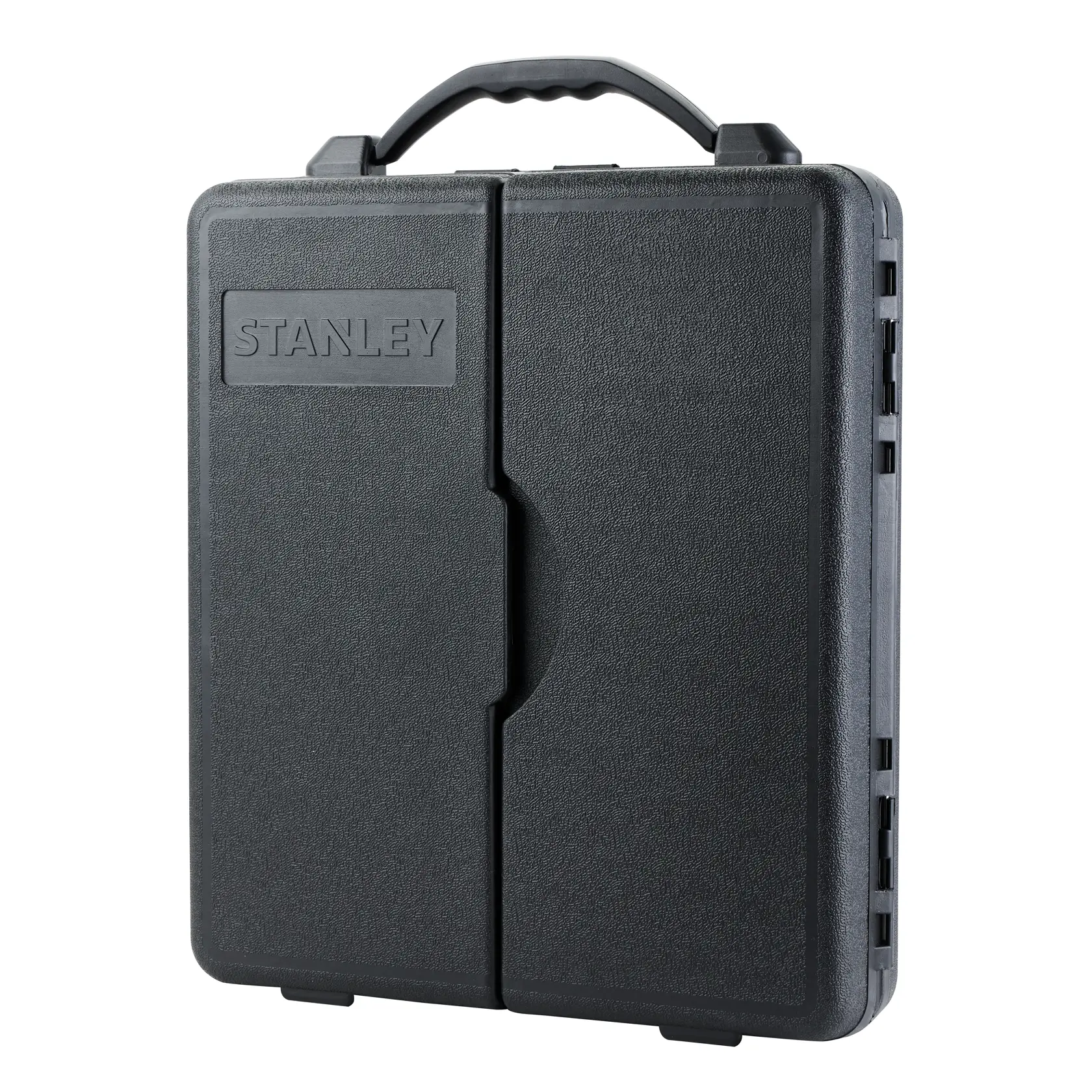 STANLEY STMT81243-LA estuche negro de plástico rígido para herramientas con asa, vista frontal, fotografía sobre fondo blanco.