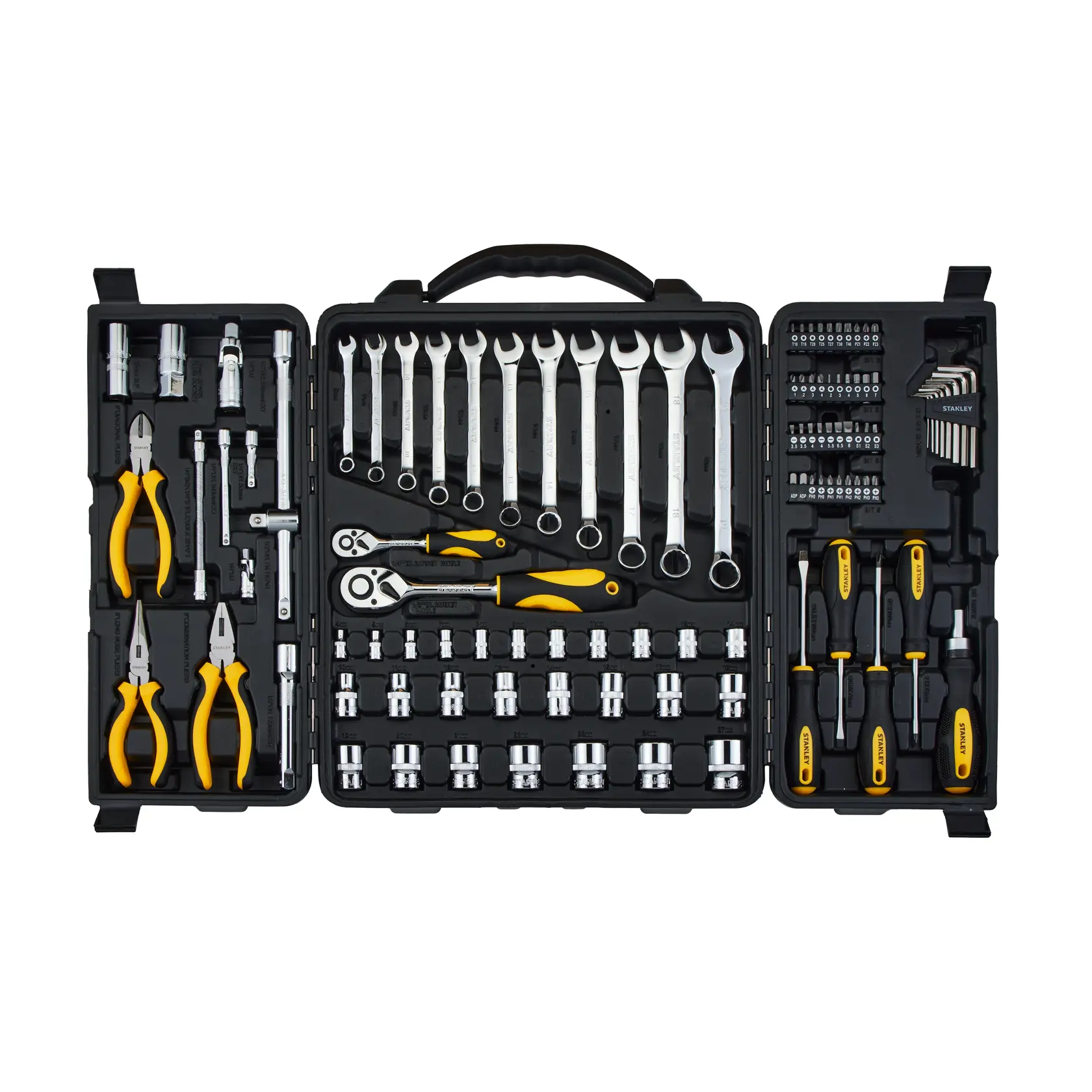 Juego de herramientas STANLEY STMT81243-LA con llaves, pinzas, dados, destornilladores, puntas y llaves hexagonales en estuche negro abierto, vista frontal.