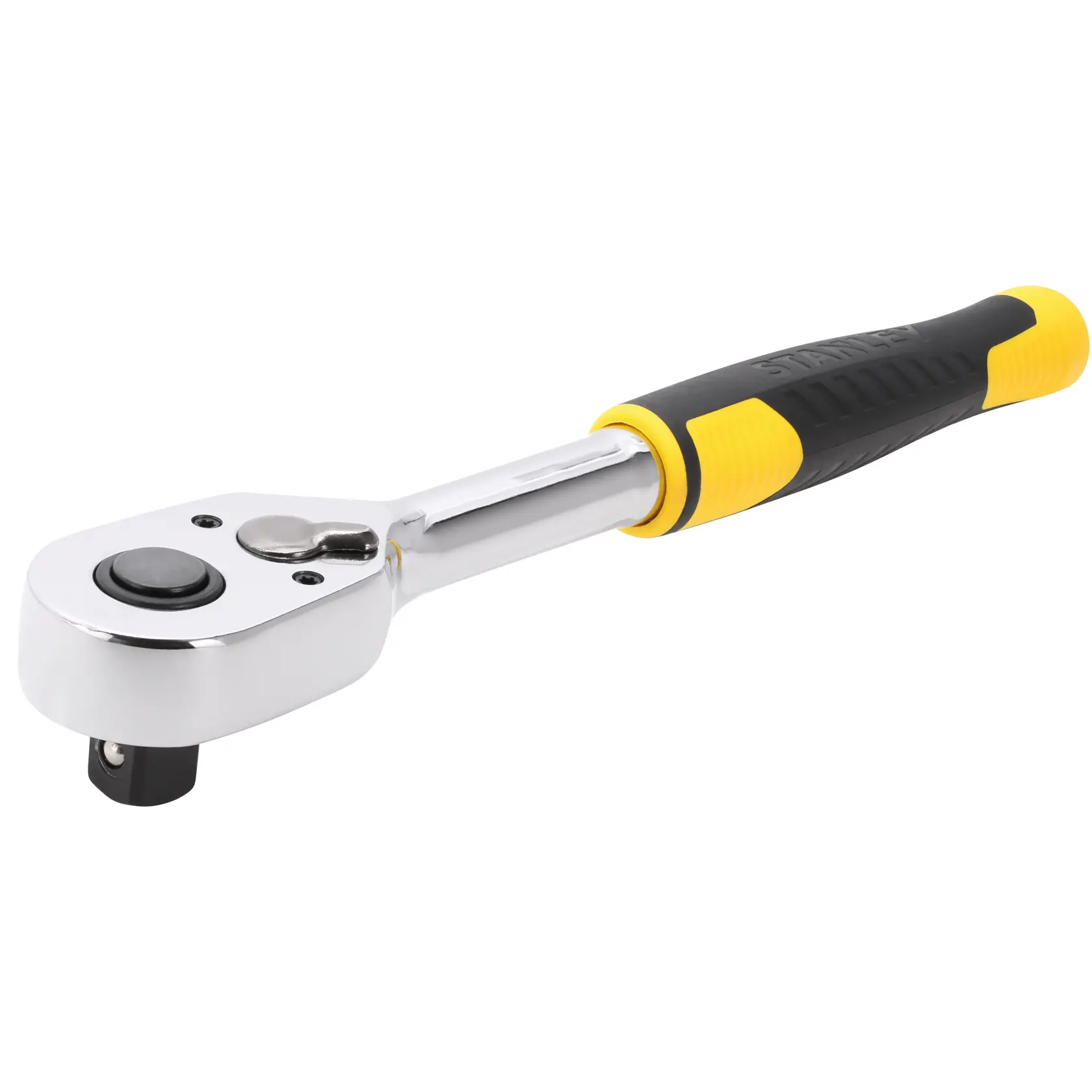 Llave de carraca STANLEY STMT82665-0 con cabeza cromada y mango negro-amarillo, vista lateral, fondo blanco.