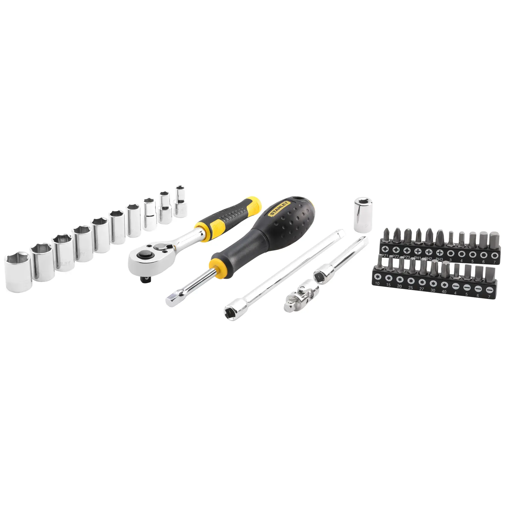 STANLEY STMT82828-LA juego de dados y puntas con carraca, destornillador, barras de extensión y dados surtidos sobre fondo blanco.