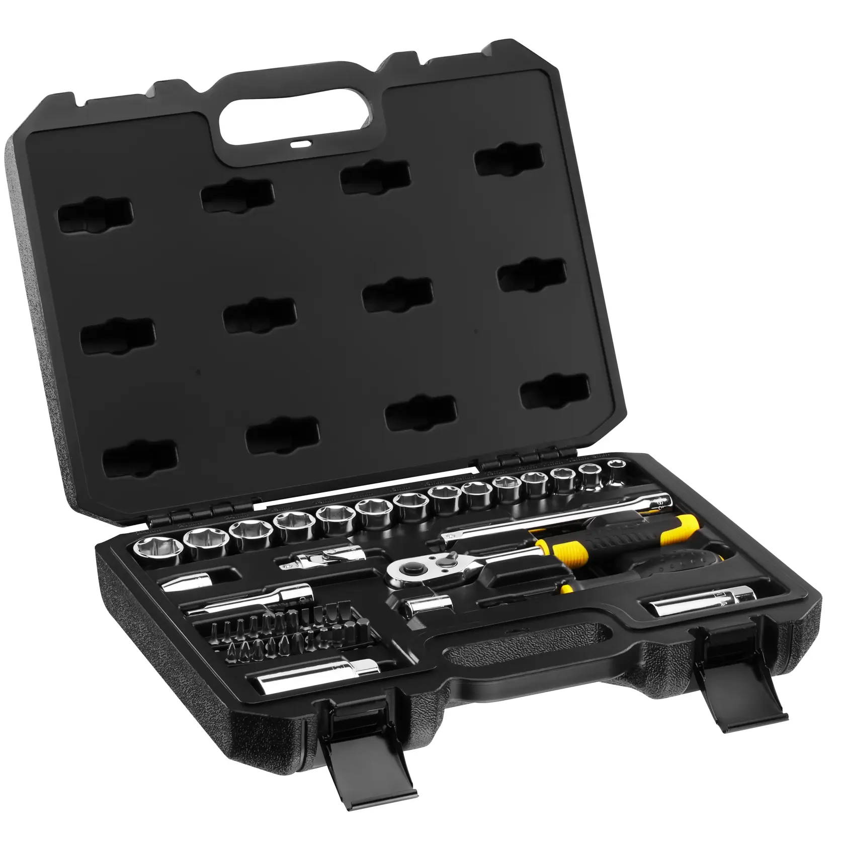 STANLEY STMT82829-LA juego de dados y trinquete en estuche rígido negro, abierto, mostrando herramientas y puntas, ángulo frontal.