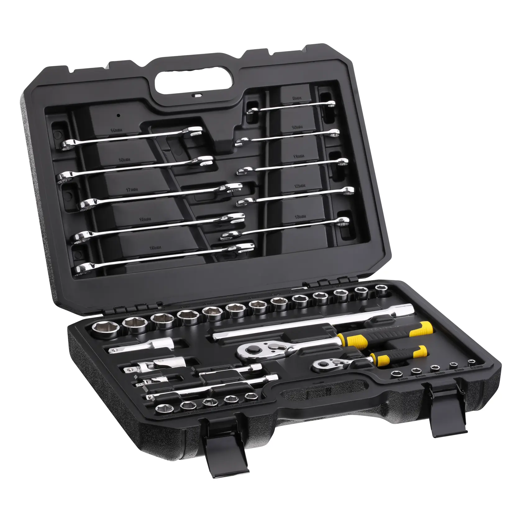 STANLEY STMT82832-LA juego de herramientas mecánicas con dados, llaves y matracas en estuche rígido negro, ángulo frontal.