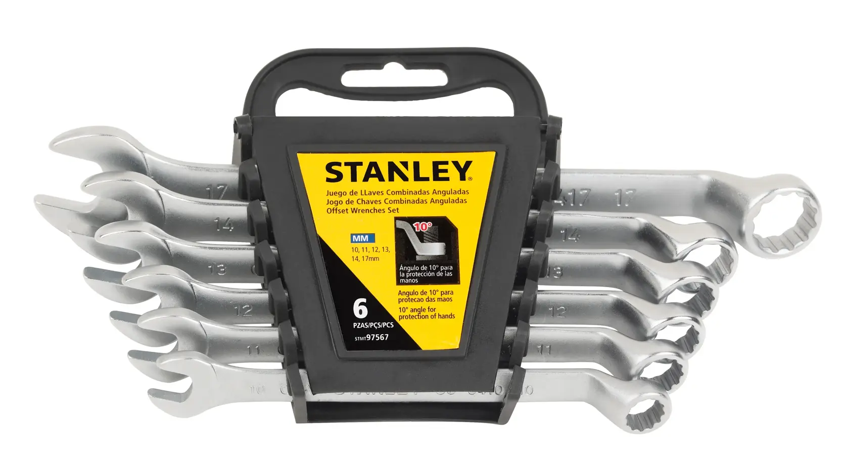 Juego de llaves anguladas Stanley de 6 piezas en soporte negro, tamaños de 10 a 17 mm, para reparaciones.