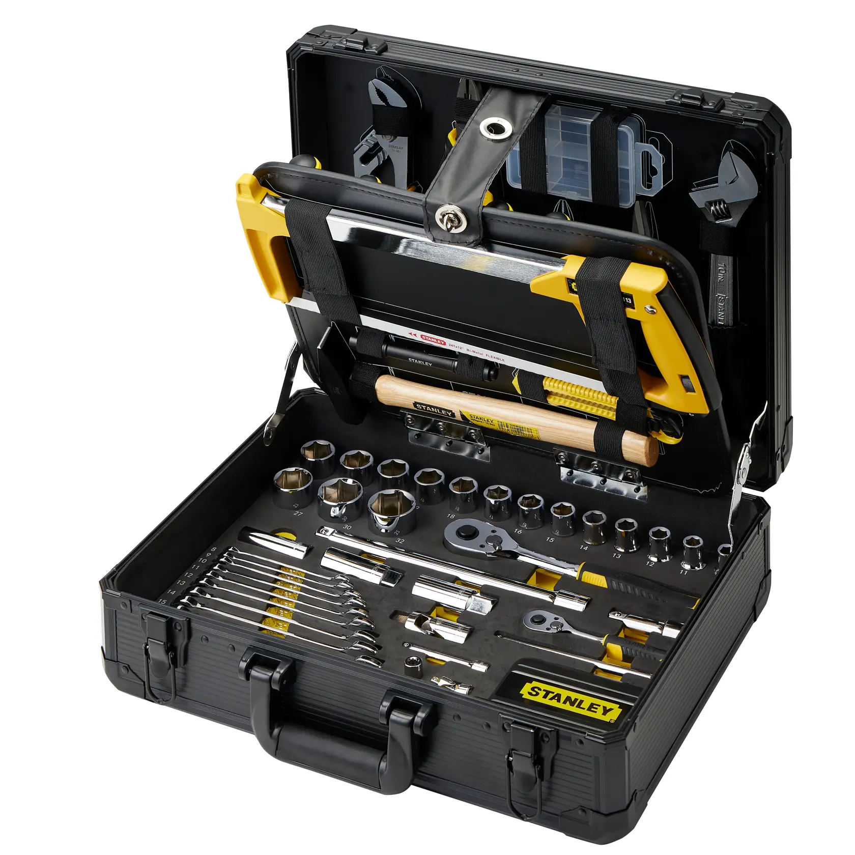 STANLEY STMT98109-LA juego de herramientas en estuche rígido negro, abierto mostrando herramientas manuales, dados y accesorios, vista en ángulo.