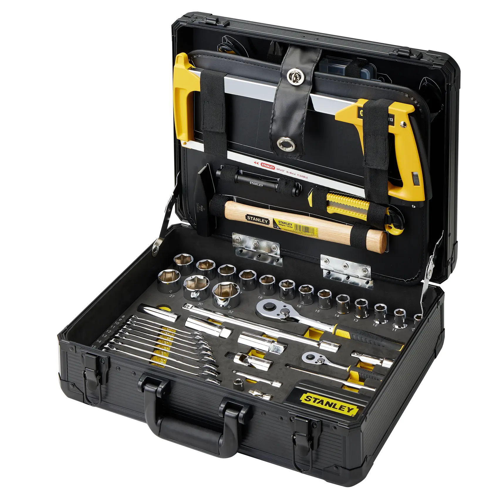 Juego de herramientas STANLEY STMT98109-LA en estuche negro abierto, con dados, carraca, segueta, martillo y herramientas manuales.