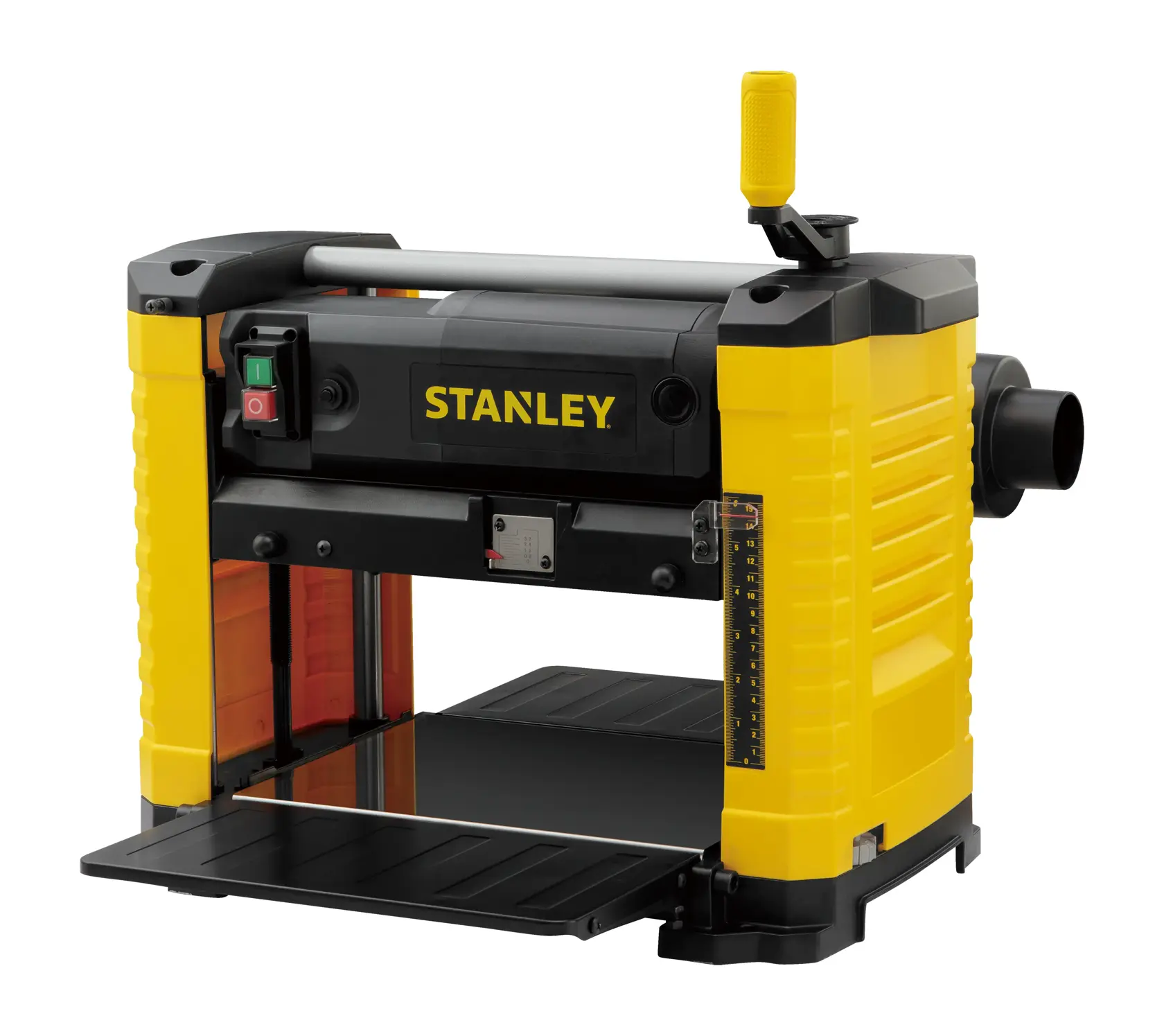 STANLEY STP18-B2 fotografía de cepillo de banco amarillo y negro ángulo frontal sobre fondo blanco.