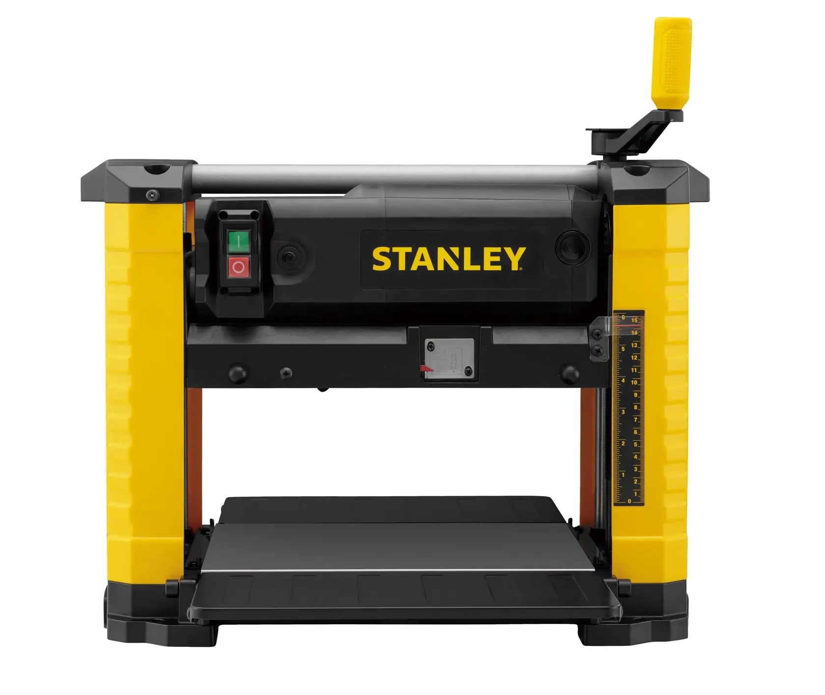 Fotografía frontal de STANLEY STP18-B2 cepillo de mesa en amarillo y negro sobre fondo blanco