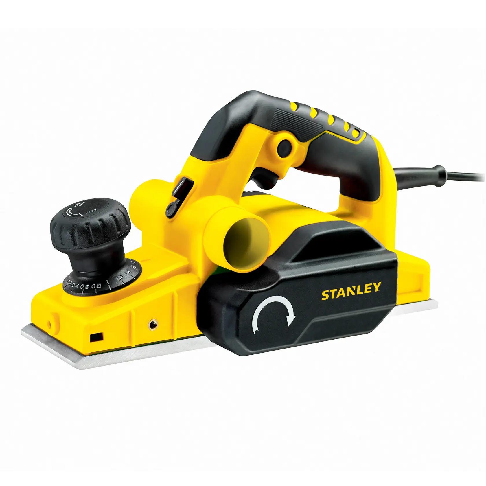STANLEY STPP7502-B2 cepillo eléctrico con cuerpo amarillo y negro, perilla frontal y mango superior, ángulo lateral sobre blanco.
