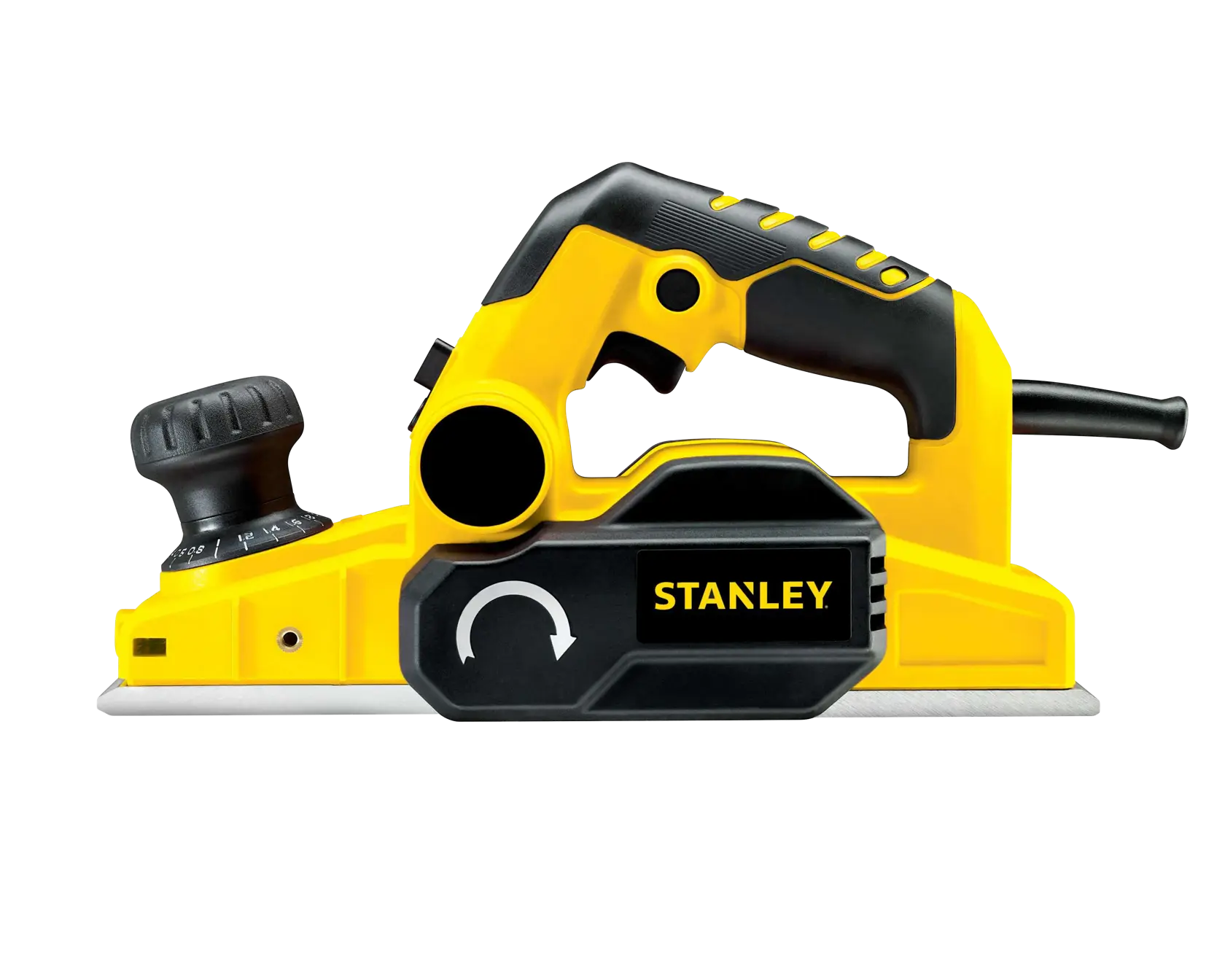 Cepillo eléctrico STANLEY STPP7502-B2 amarillo y negro, vista lateral sobre fondo blanco.
