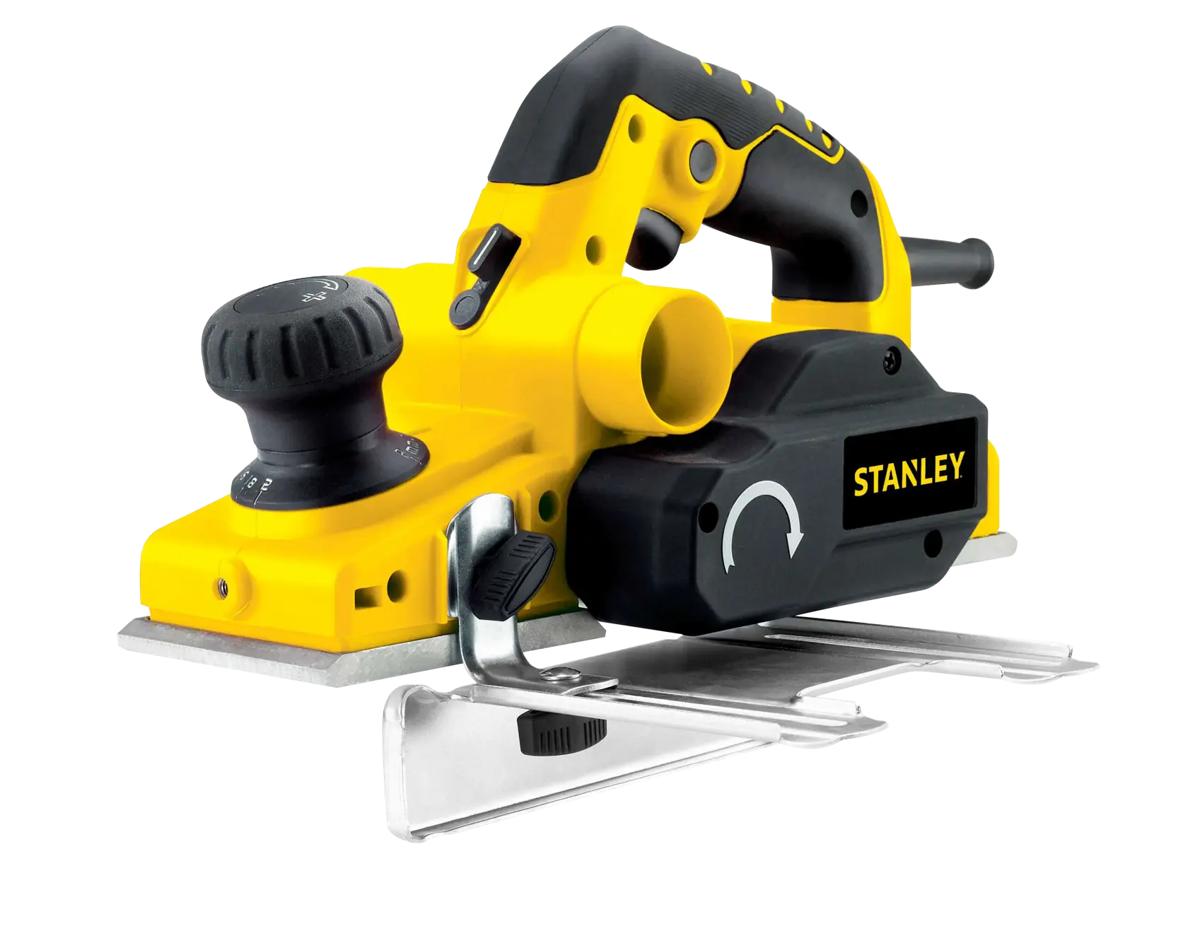 Fotografía de cepillo eléctrico amarillo y negro STANLEY STPP7502-B2, vista lateral sobre fondo blanco.