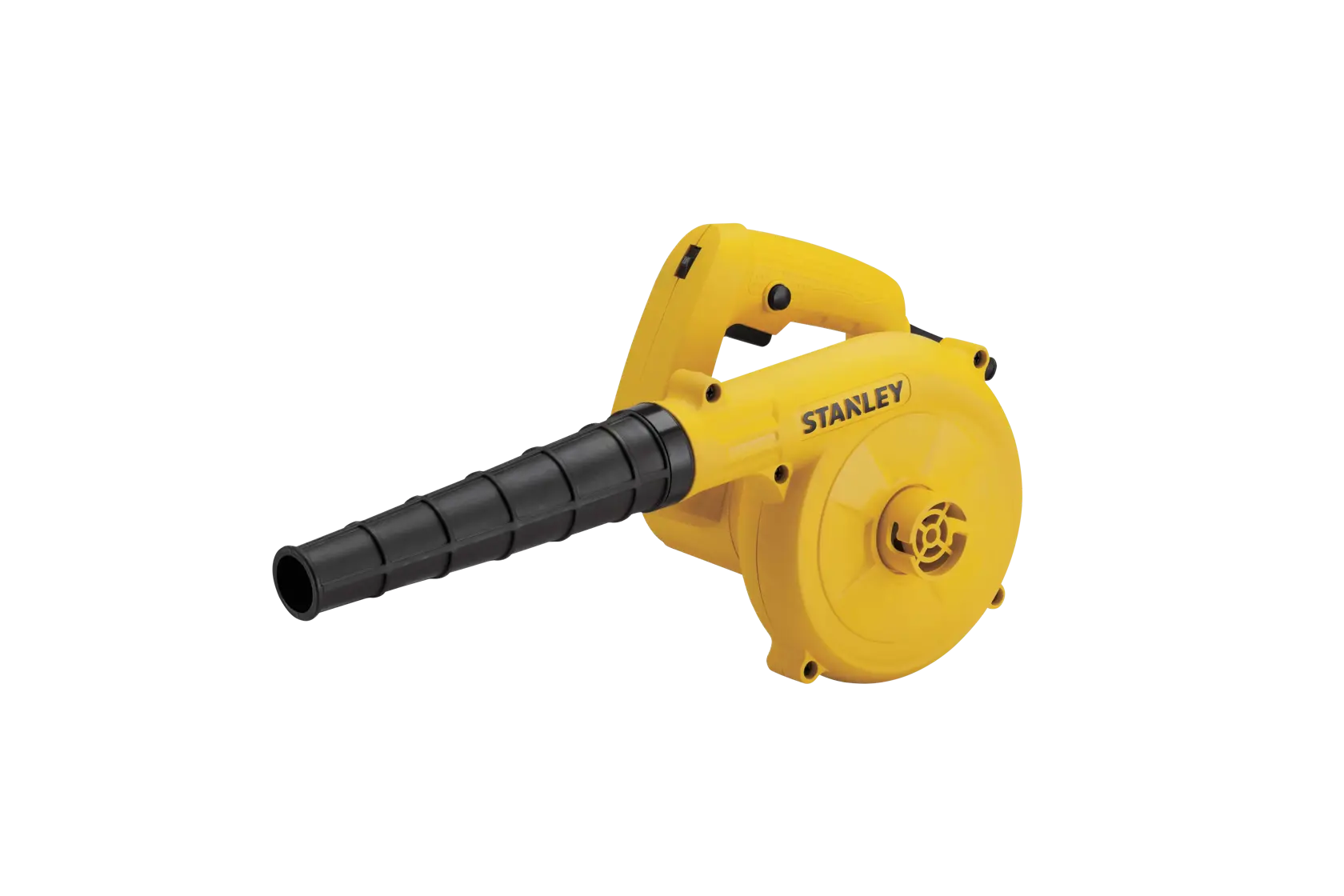 Soplador eléctrico amarillo STANLEY STPT600-KR en ángulo lateral sobre fondo blanco, con boquilla y mango negros.