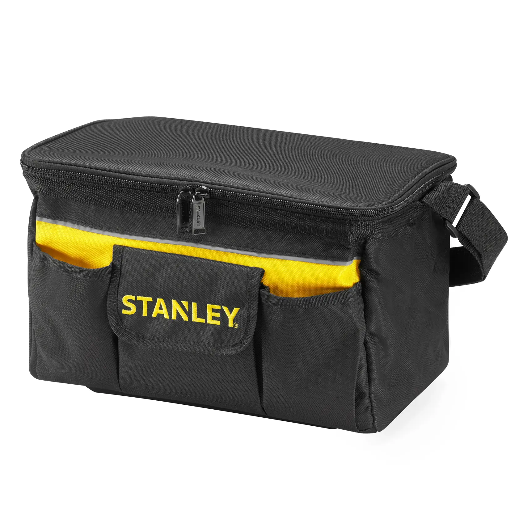 STANLEY STST1-73615 bolsa para herramientas, negra y amarilla, ángulo frontal, cierre, bolsillos delanteros, correa.