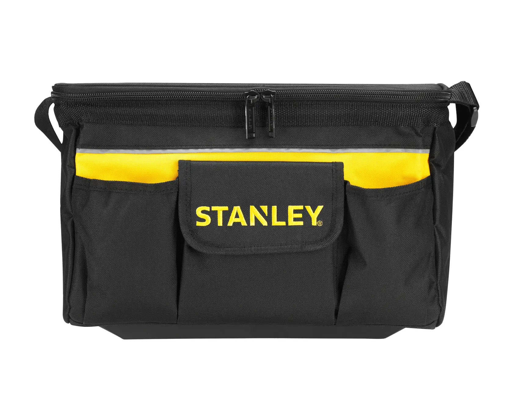 STANLEY STST1-73615 bolsa de herramientas negra y amarilla, vista frontal, con cremallera superior y bolsillos exteriores.