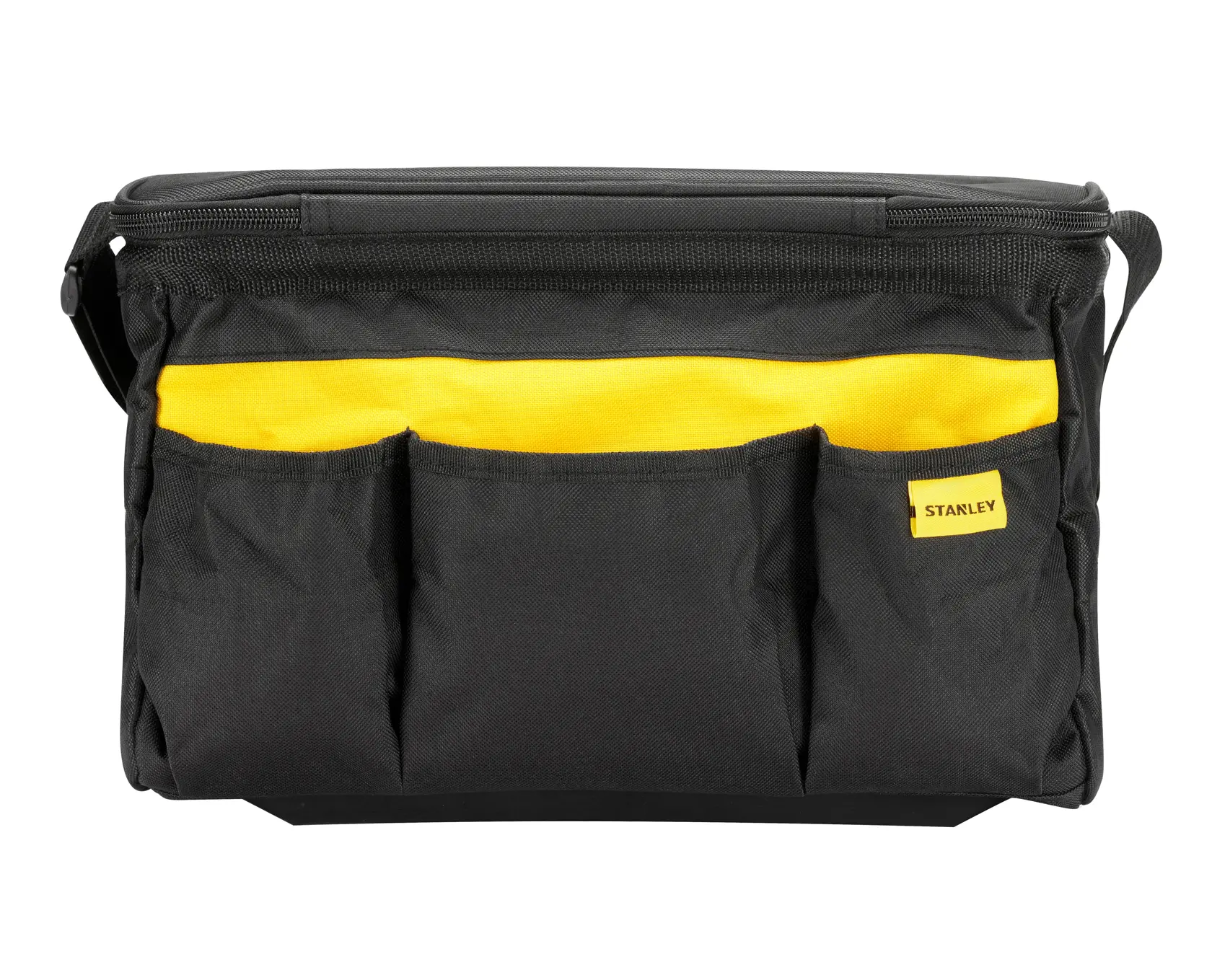 STANLEY STST1-73615 bolsa para herramientas, fotografía vista frontal, tela negra con detalle amarillo y varios bolsillos.