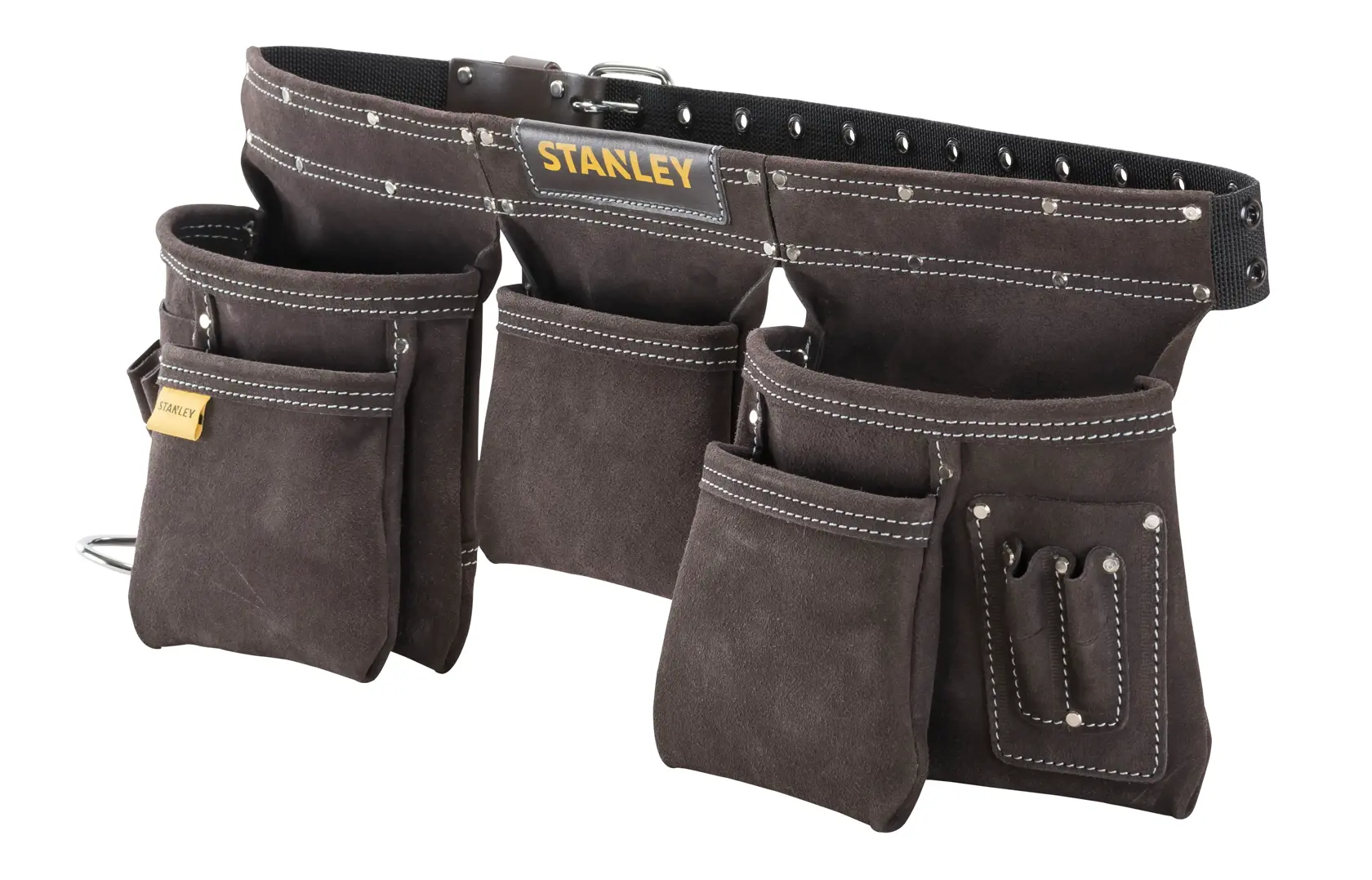 STANLEY STST1-80113 cinturón porta herramientas con varios bolsillos de gamuza marrón y costuras blancas, en ángulo sobre fondo blanco.