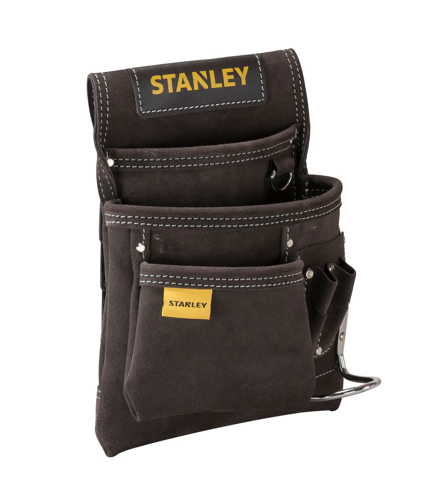 STANLEY STST1-80114 bolso de herramientas, cuero gamuza negro, múltiples bolsillos, ángulo frontal sobre fondo blanco.