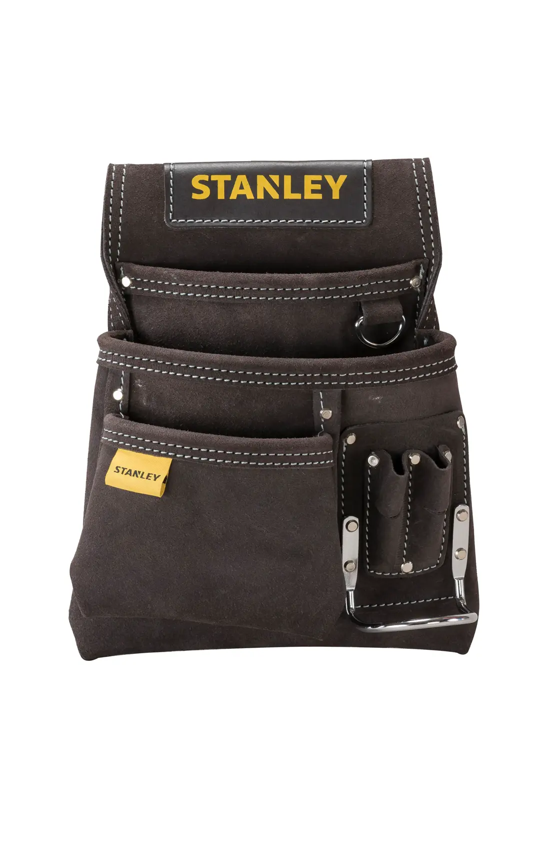 STANLEY STST1-80114 bolso de herramientas de cuero, marrón oscuro, varios bolsillos, ángulo frontal, fotografía
