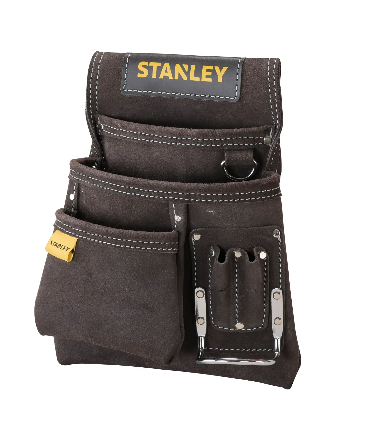 STANLEY STST1-80114 bolsa de herramientas de gamuza marrón con múltiples bolsillos, costuras blancas y soporte metálico, ángulo frontal.