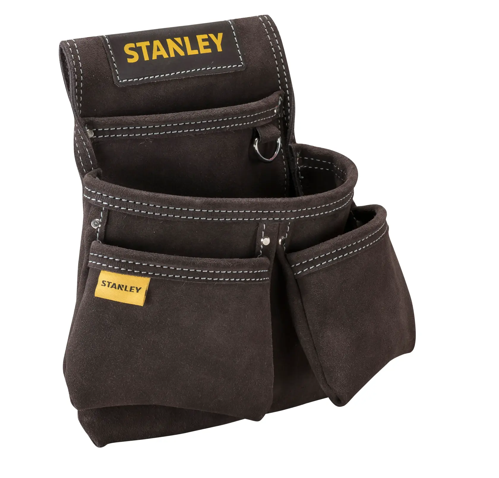 STANLEY STST1-80116 bolsa para herramientas de gamuza marrón con varios bolsillos, fotografía en ángulo frontal sobre fondo blanco.