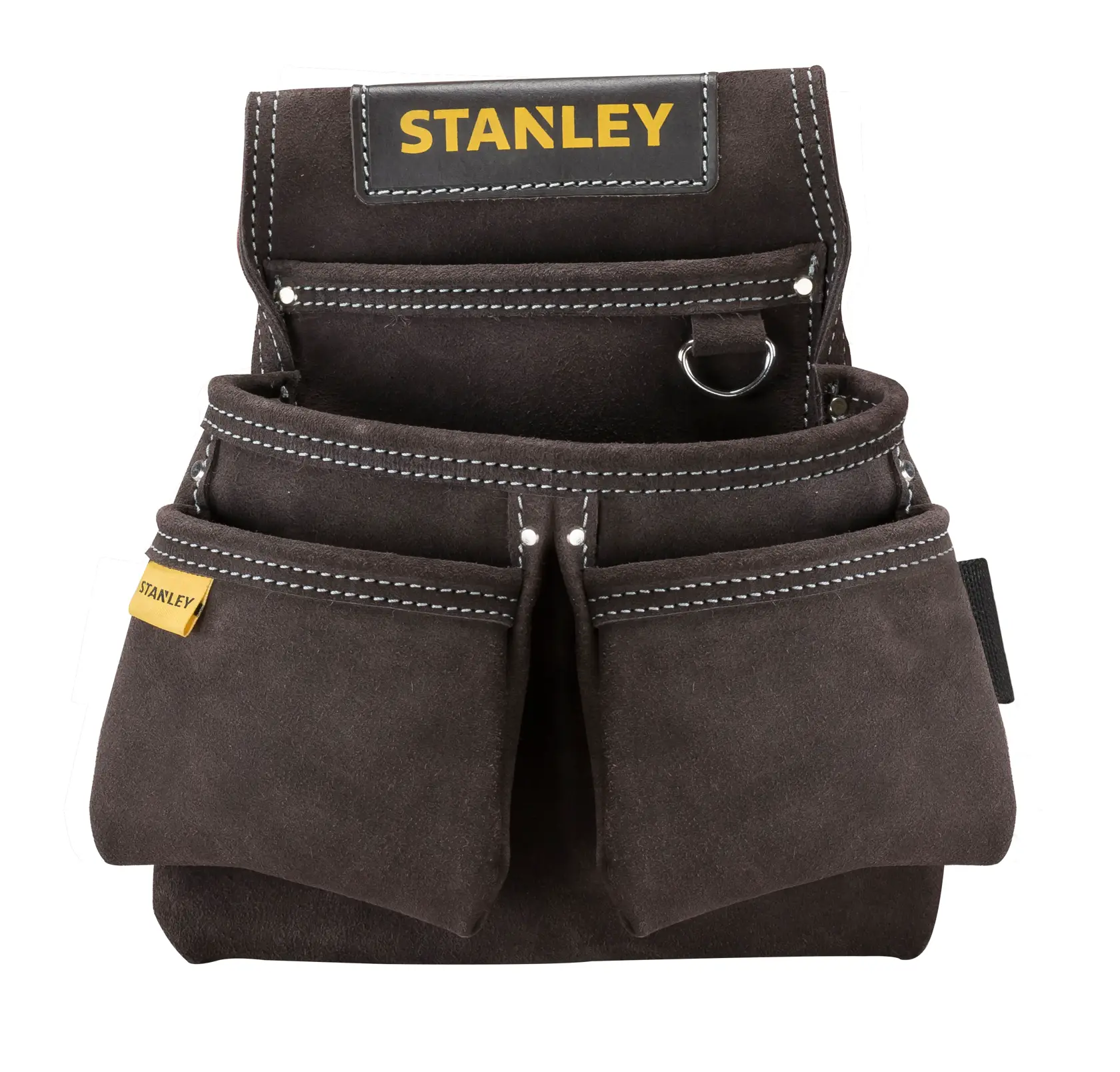 STANLEY STST1-80116 bolso de herramientas de gamuza marrón, vista frontal, fondo blanco.