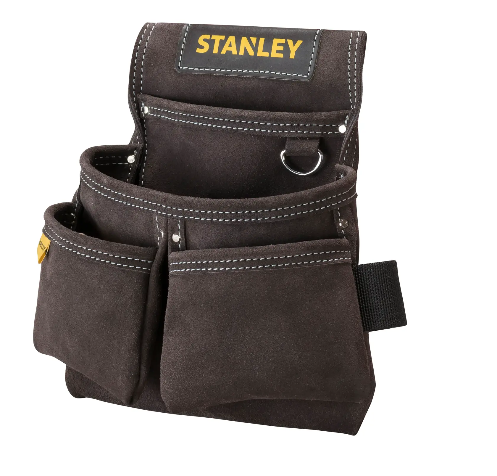 Fotografía de STANLEY STST1-80116 bolsa de herramientas de gamuza marrón con varios bolsillos, fondo blanco frontal.