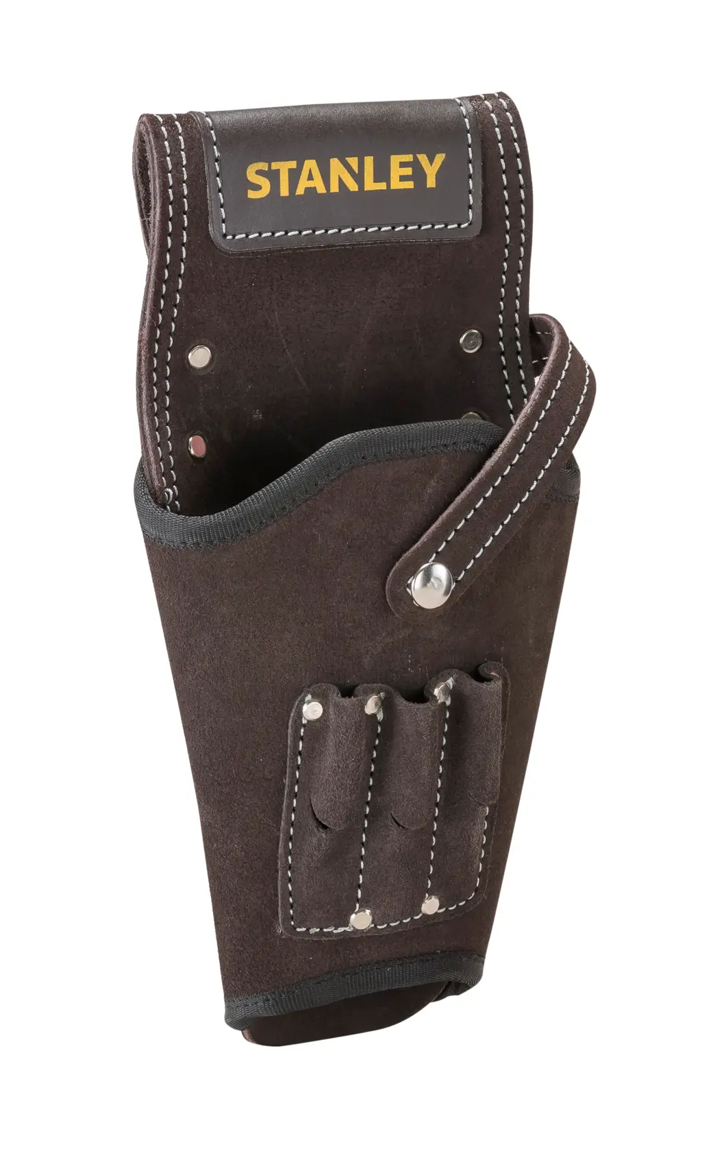 STANLEY STST1-80118 funda de cuero para herramientas con varios bolsillos, vista frontal en ángulo sobre fondo blanco.