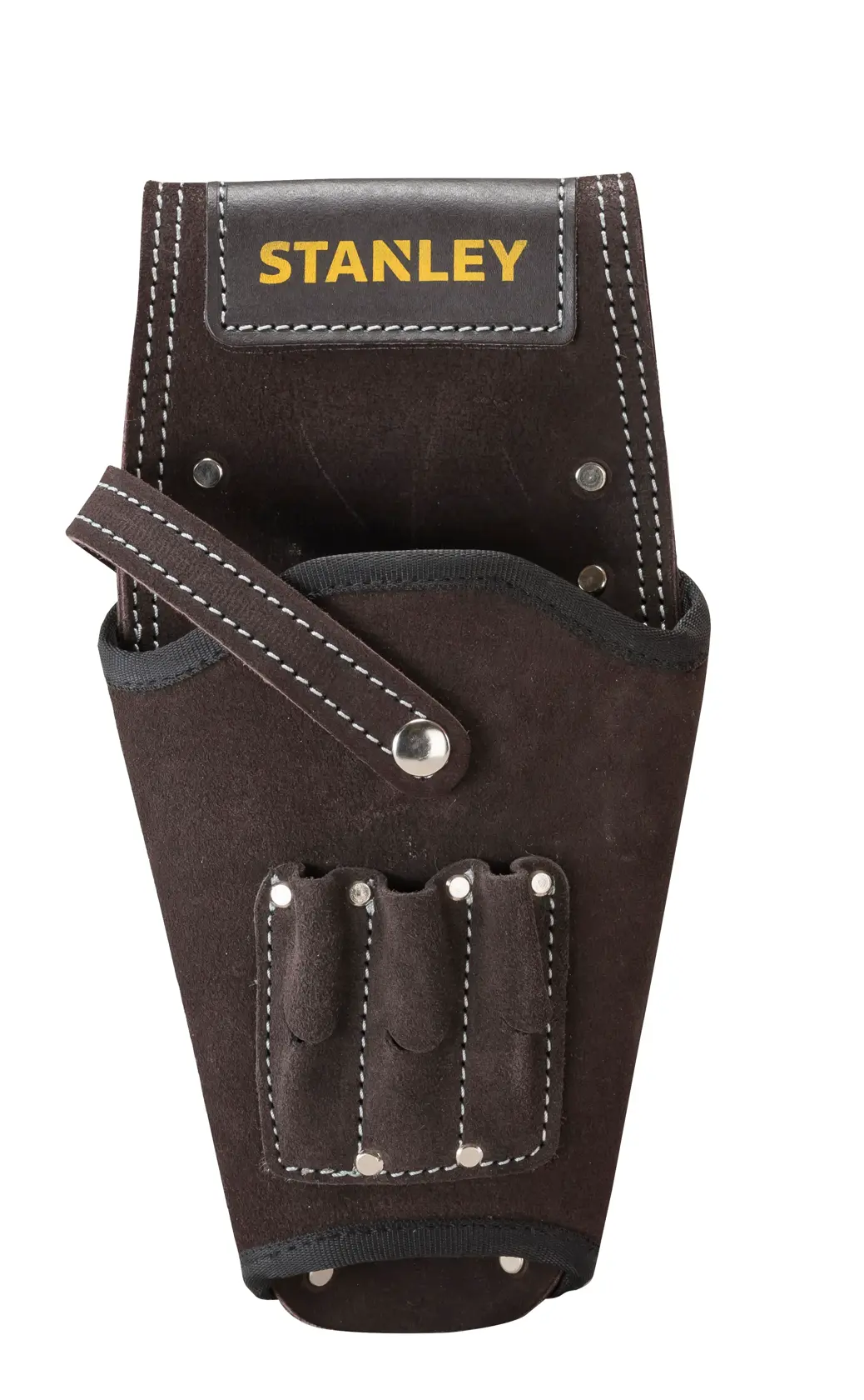 STANLEY STST1-80118 funda de herramientas de cuero marrón con costuras blancas, vista frontal sobre fondo blanco.