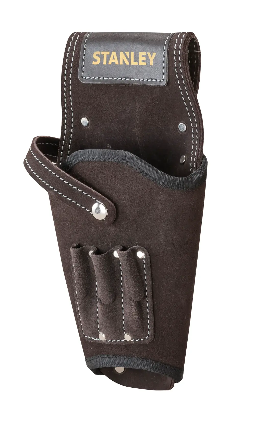 STANLEY STST1-80118 funda para herramientas de gamuza negra, vista frontal sobre fondo blanco.