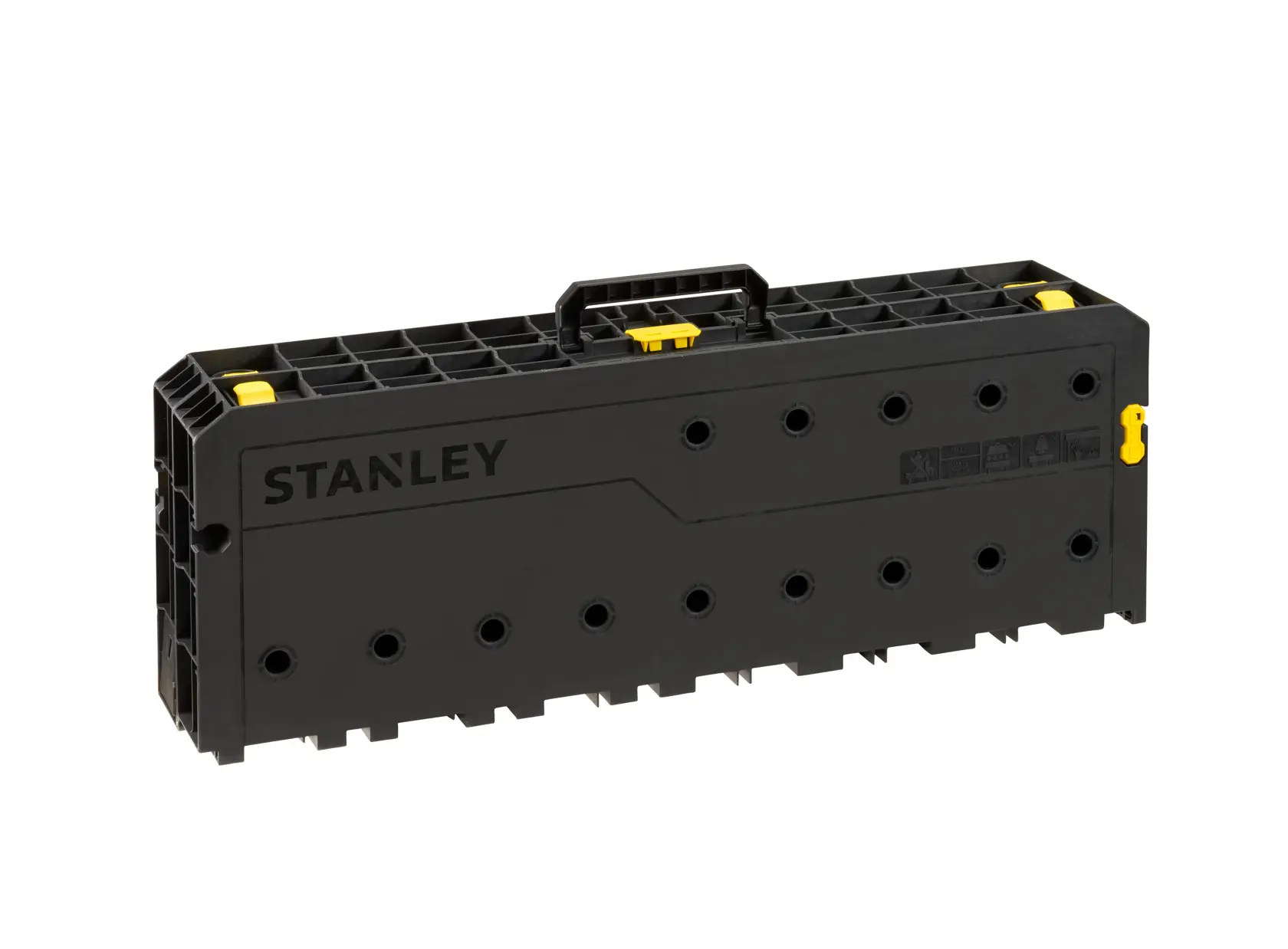STANLEY STST11552 caja de herramientas negra de plástico con asa y cierres amarillos, ángulo frontal sobre fondo blanco.