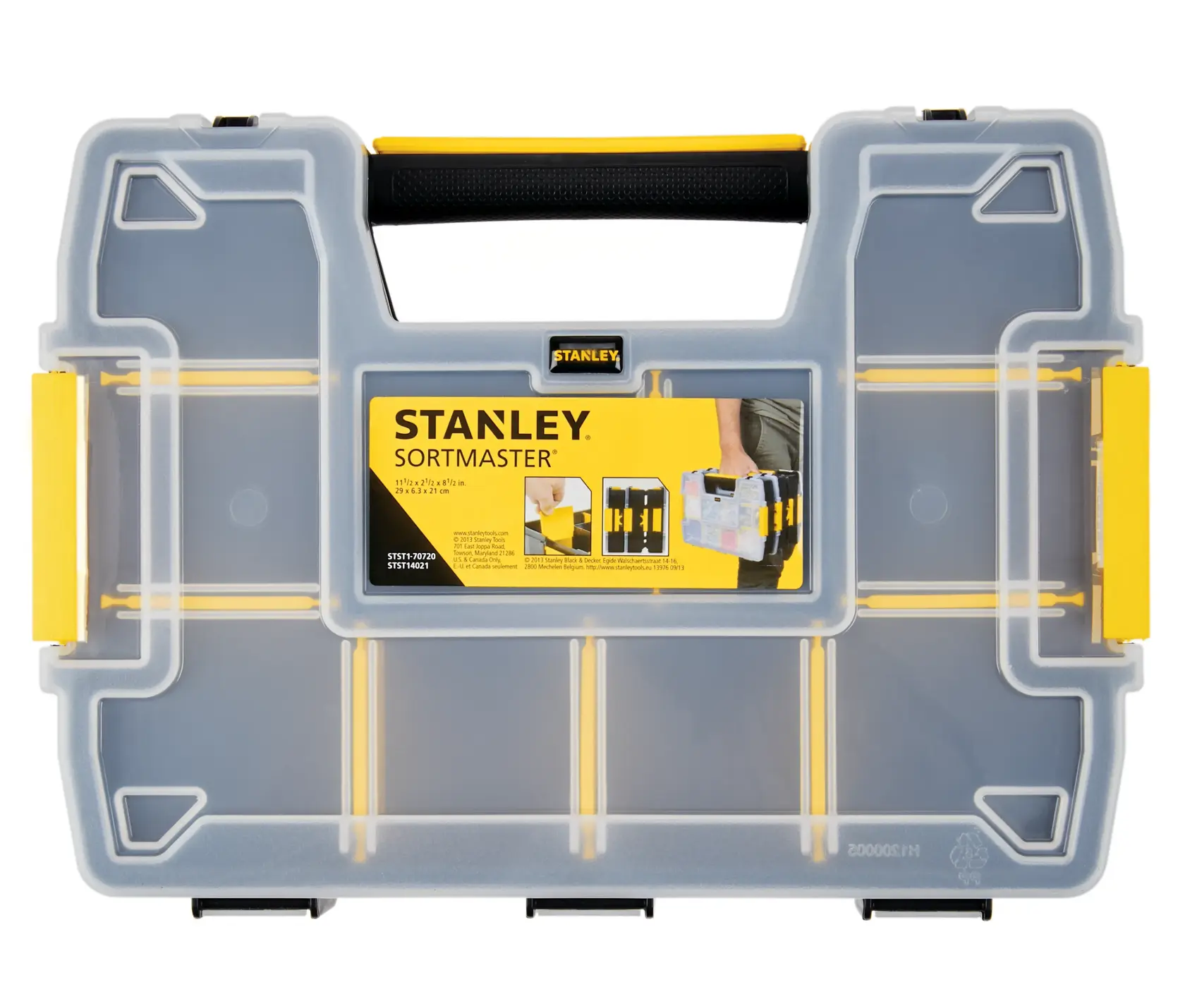 Stanley Sortmaster organizador, ángulo frontal, tapa transparente con divisores amarillos y asa negra en fondo blanco