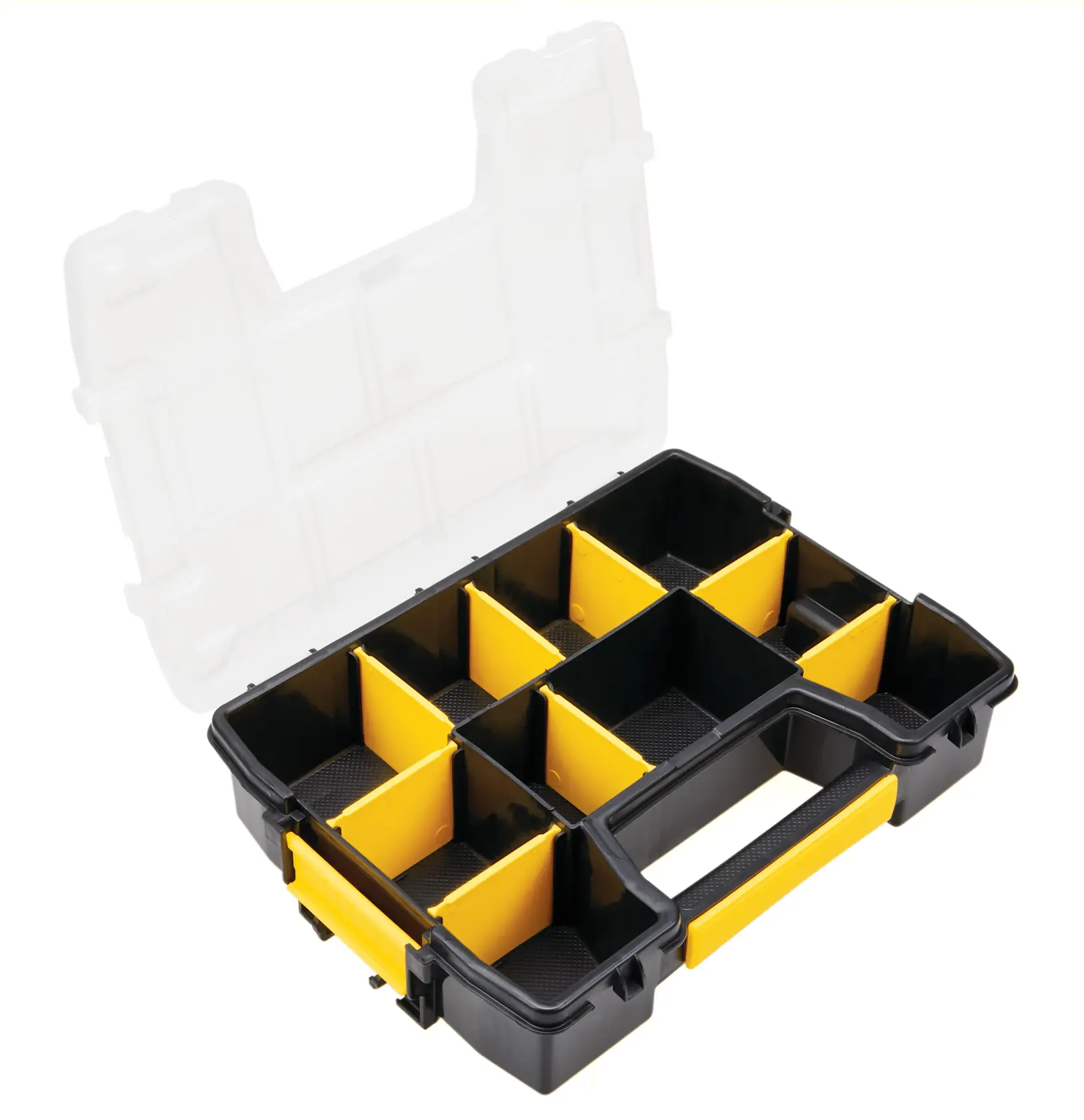 Caja organizadora Stanley de plástico negro y amarillo con divisores extraíbles, tapa abierta, ángulo frontal sobre fondo blanco