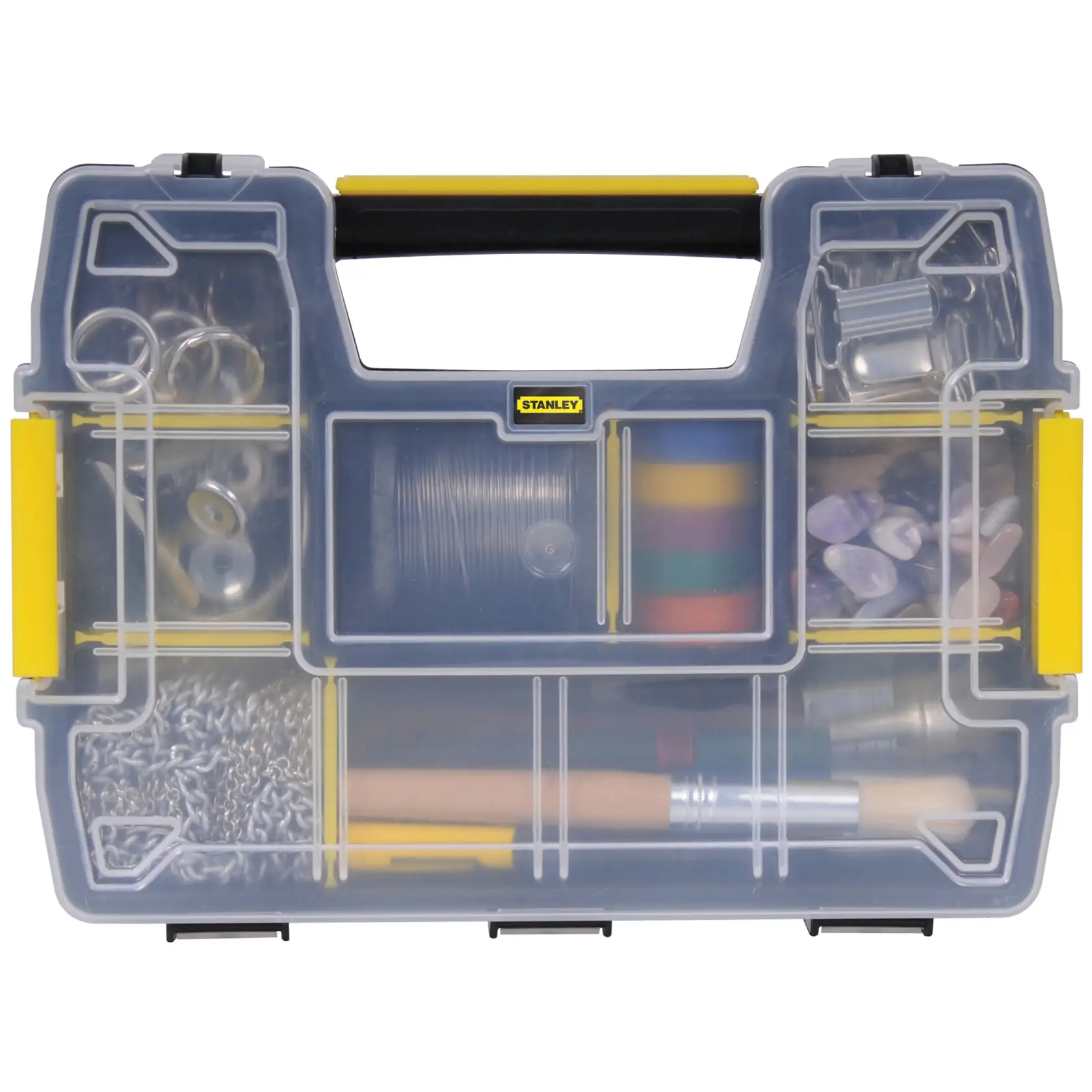 Caja organizadora Stanley vista frontal con compartimentos transparentes para suministros de manualidades