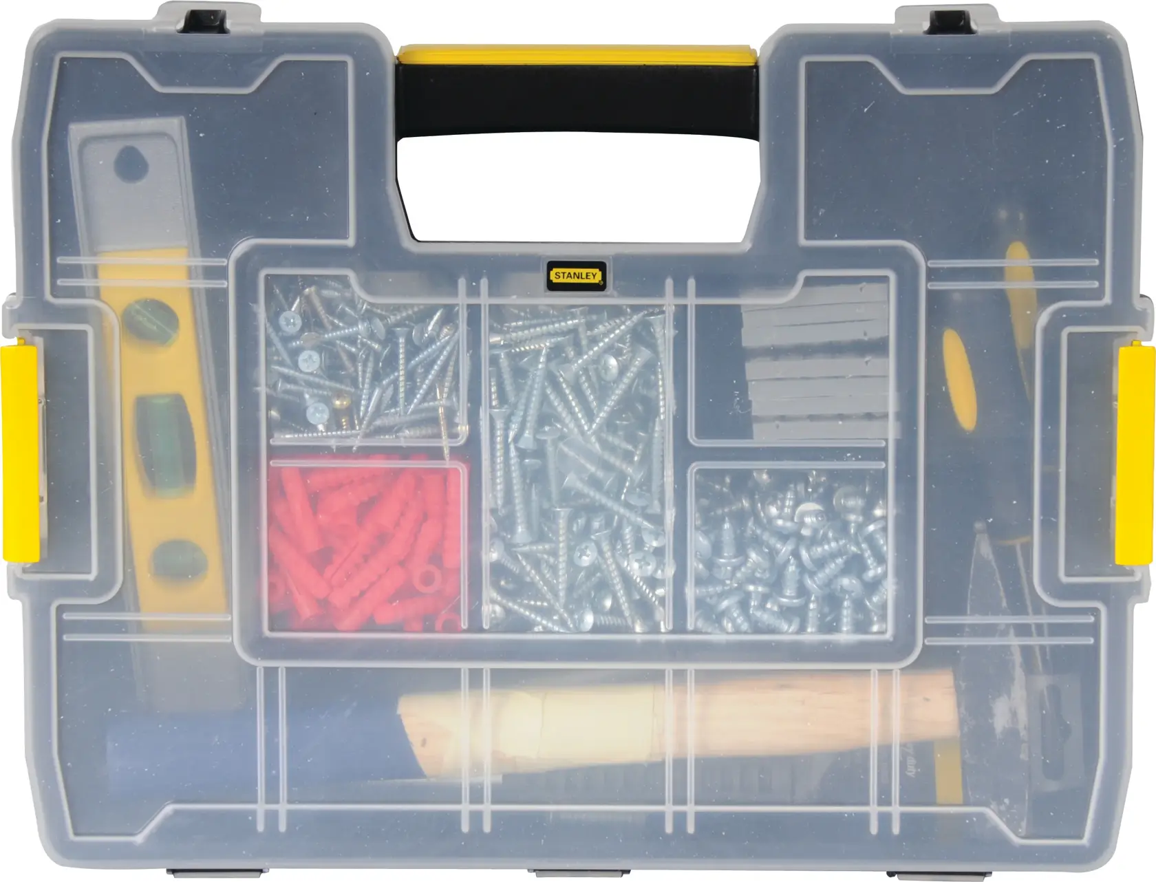 STANLEY STST14022 organizador de almacenamiento con tapa transparente, tornillos, tacos y herramientas, vista superior