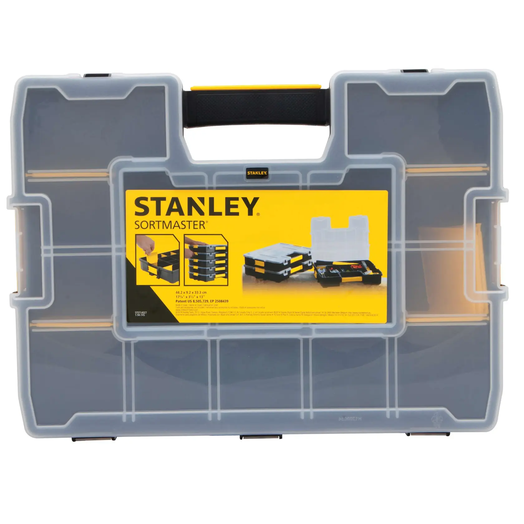 Vista frontal del organizador STANLEY SortMaster con tapa transparente, base negra y detalles amarillos para almacenamiento