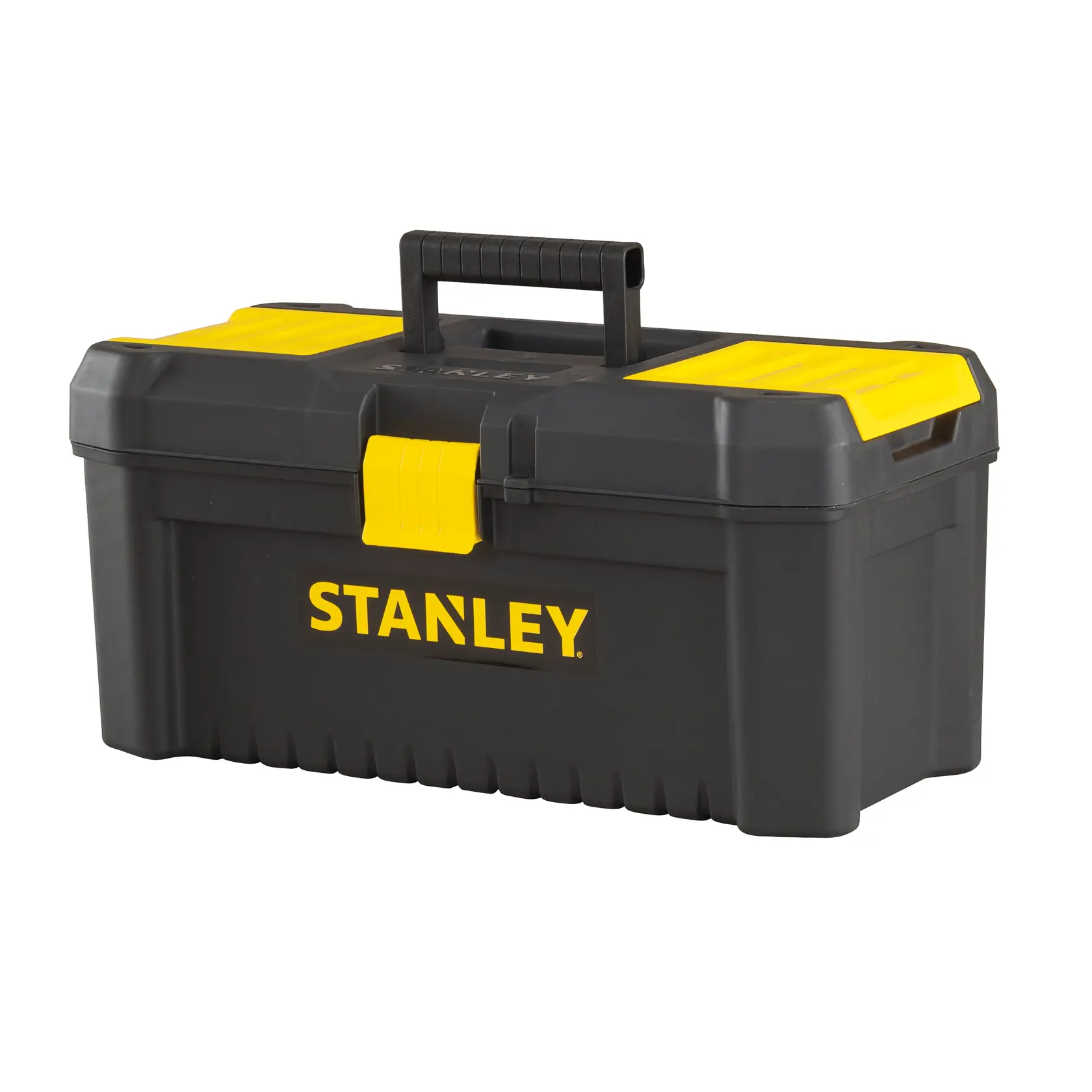 Caja de herramientas Stanley de plástico negro y amarillo con asa, vista frontal en ángulo sobre fondo blanco