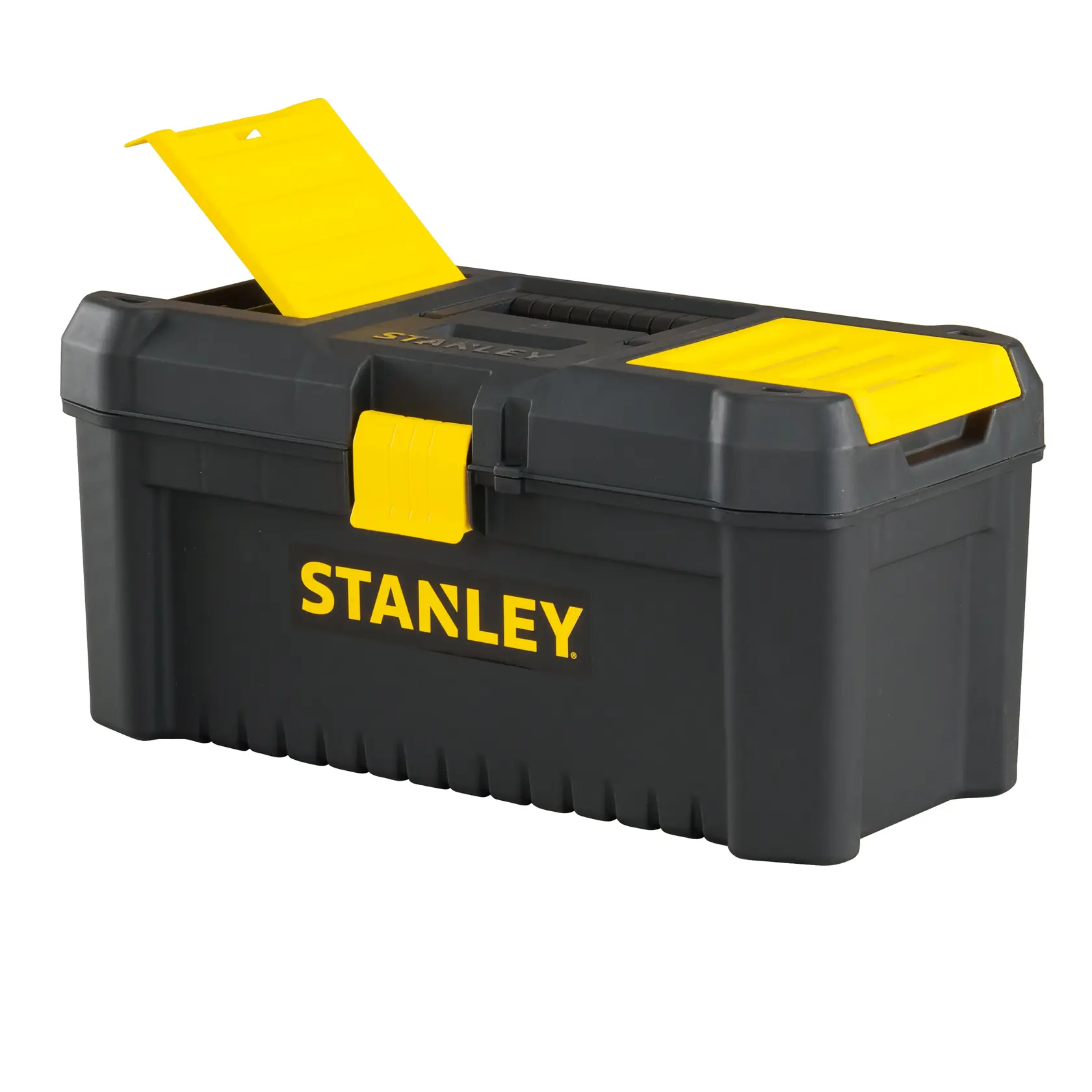 Caja de herramientas Stanley de plástico con pestillos amarillos y organizador superior, vista lateral sobre fondo blanco