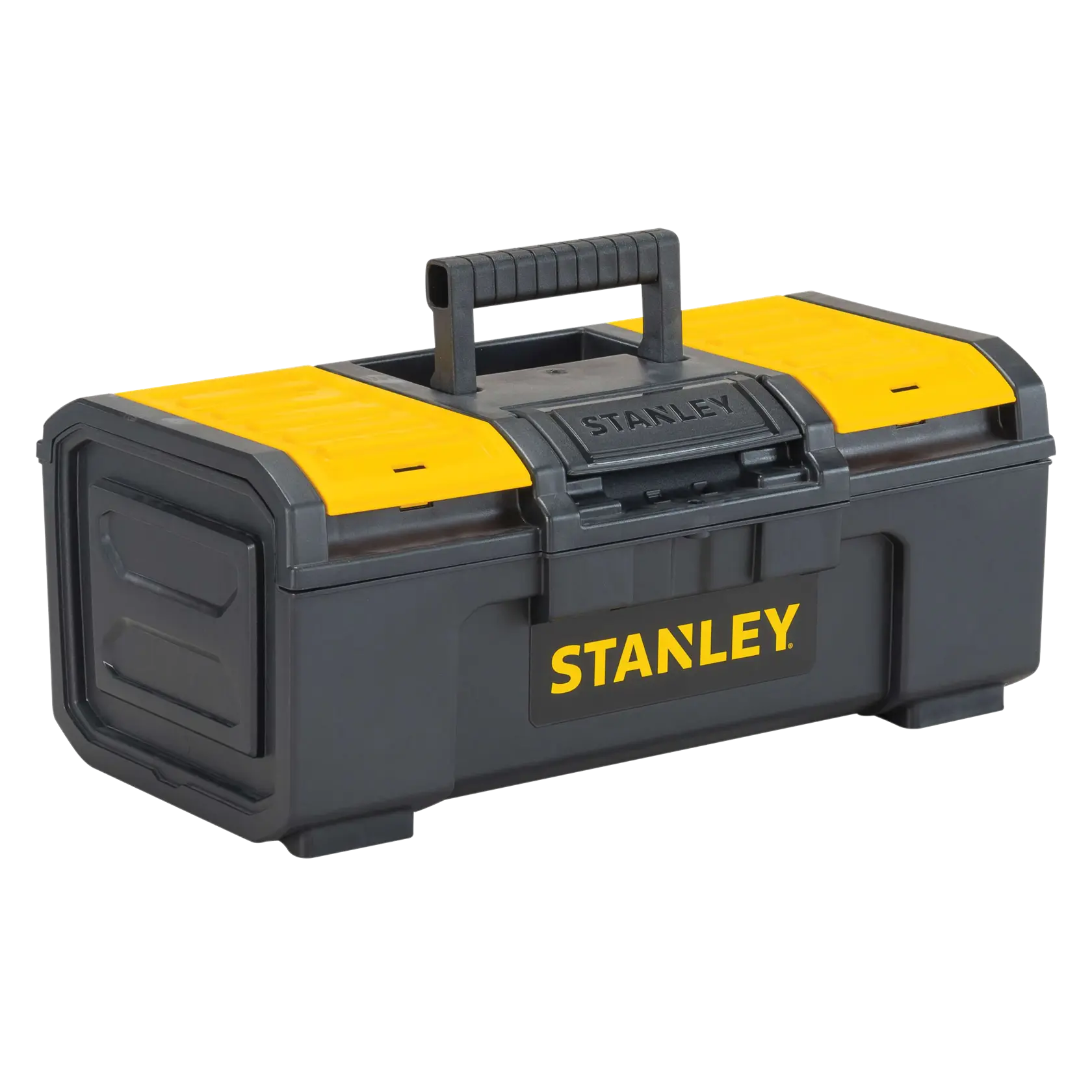 Caja de herramientas de plástico STANLEY negra y amarilla, vista en ángulo sobre fondo blanco, asa y cierre visibles